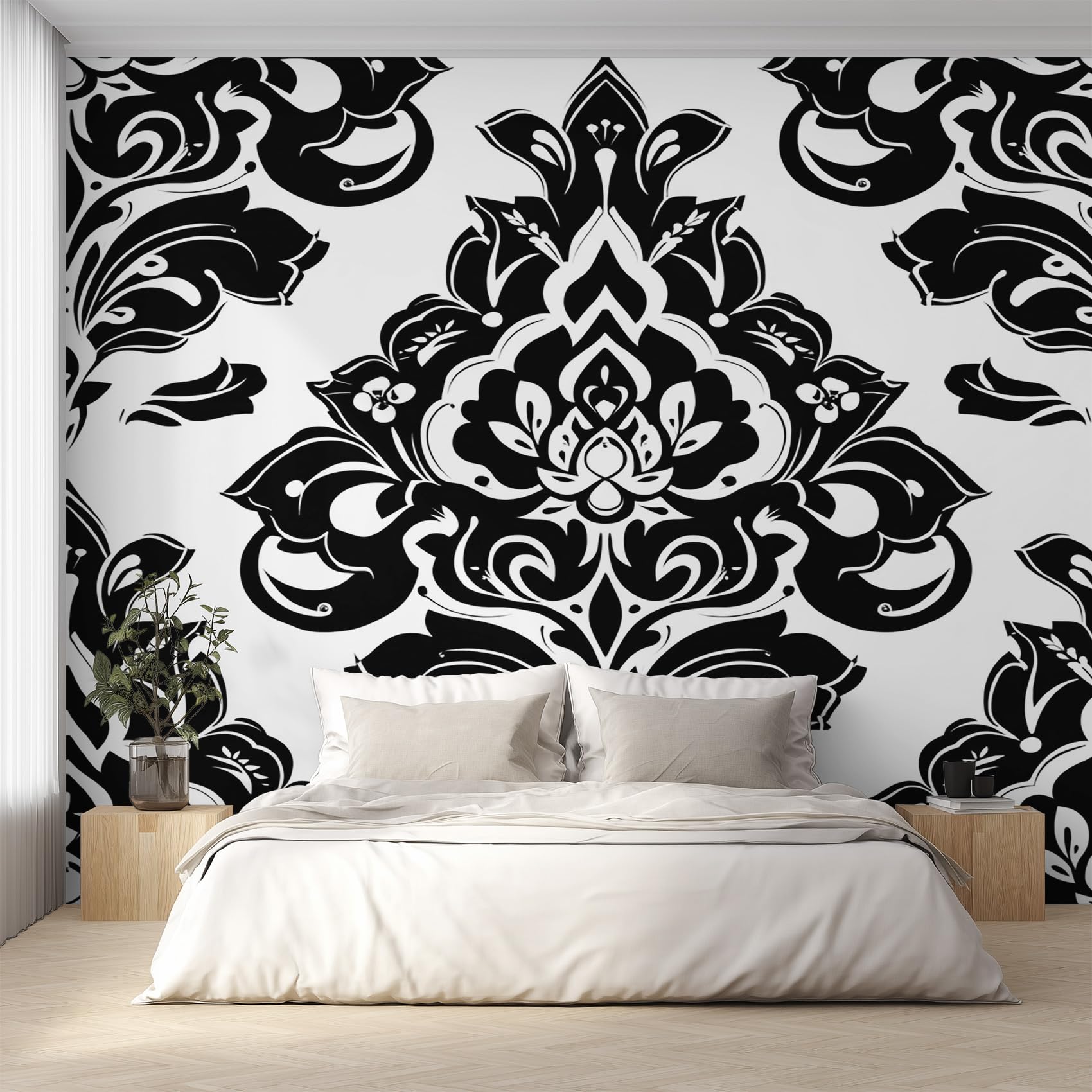 Papier peint fleur noire et blanche fresque murale salon intissé 450x315