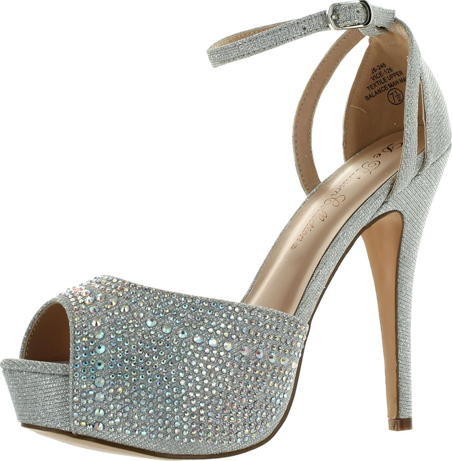 Blossom Womens Vice-126 Bridal Formal Evening Party Ankle Strap High Heel Peep Toe Glitter Sandal