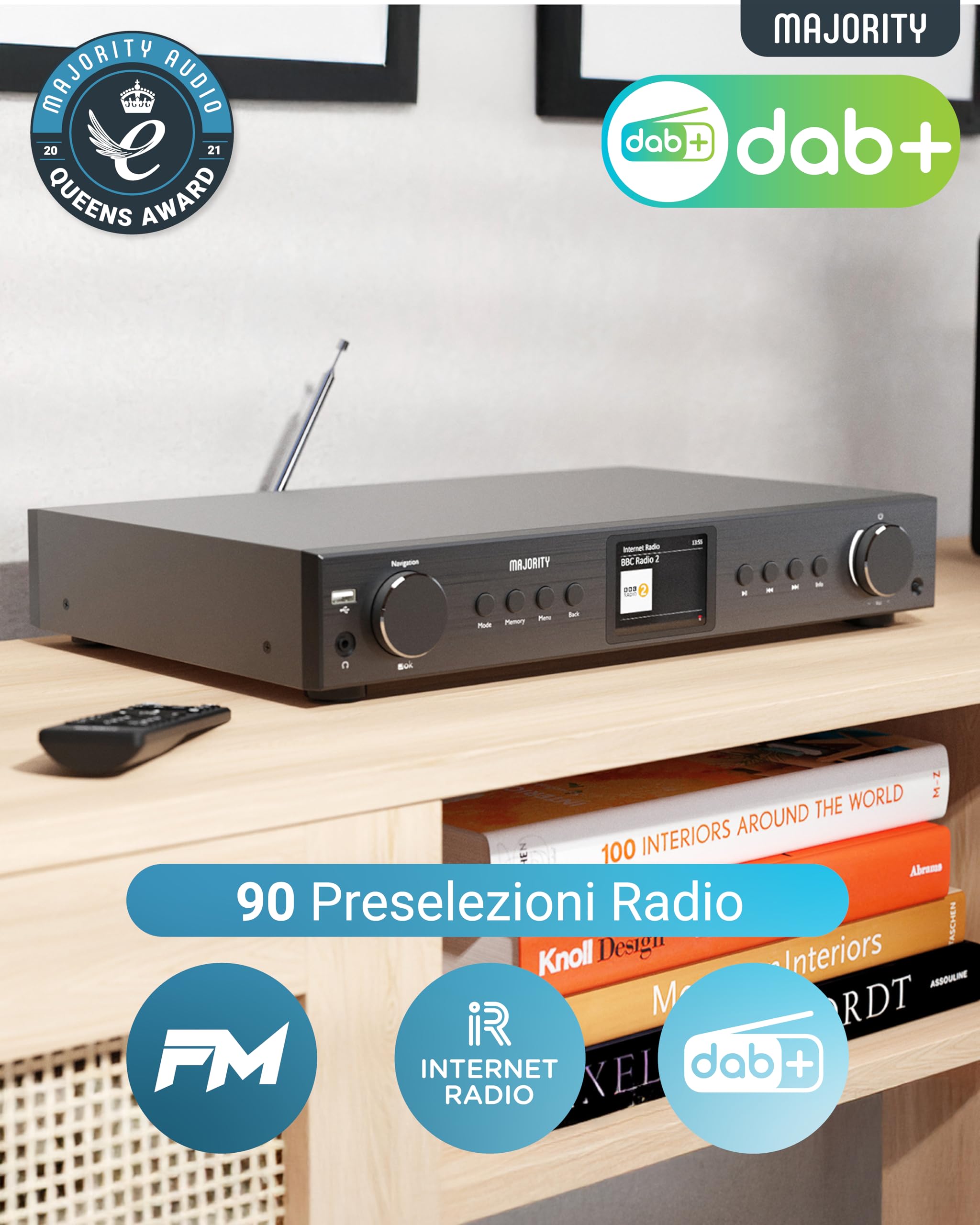 Majority Touro – Radio DAB+/WiFi Portatile Con Spotify Connect, Bluetooth, FM E Sveglie Multiple, Controllo Da App OKTIV