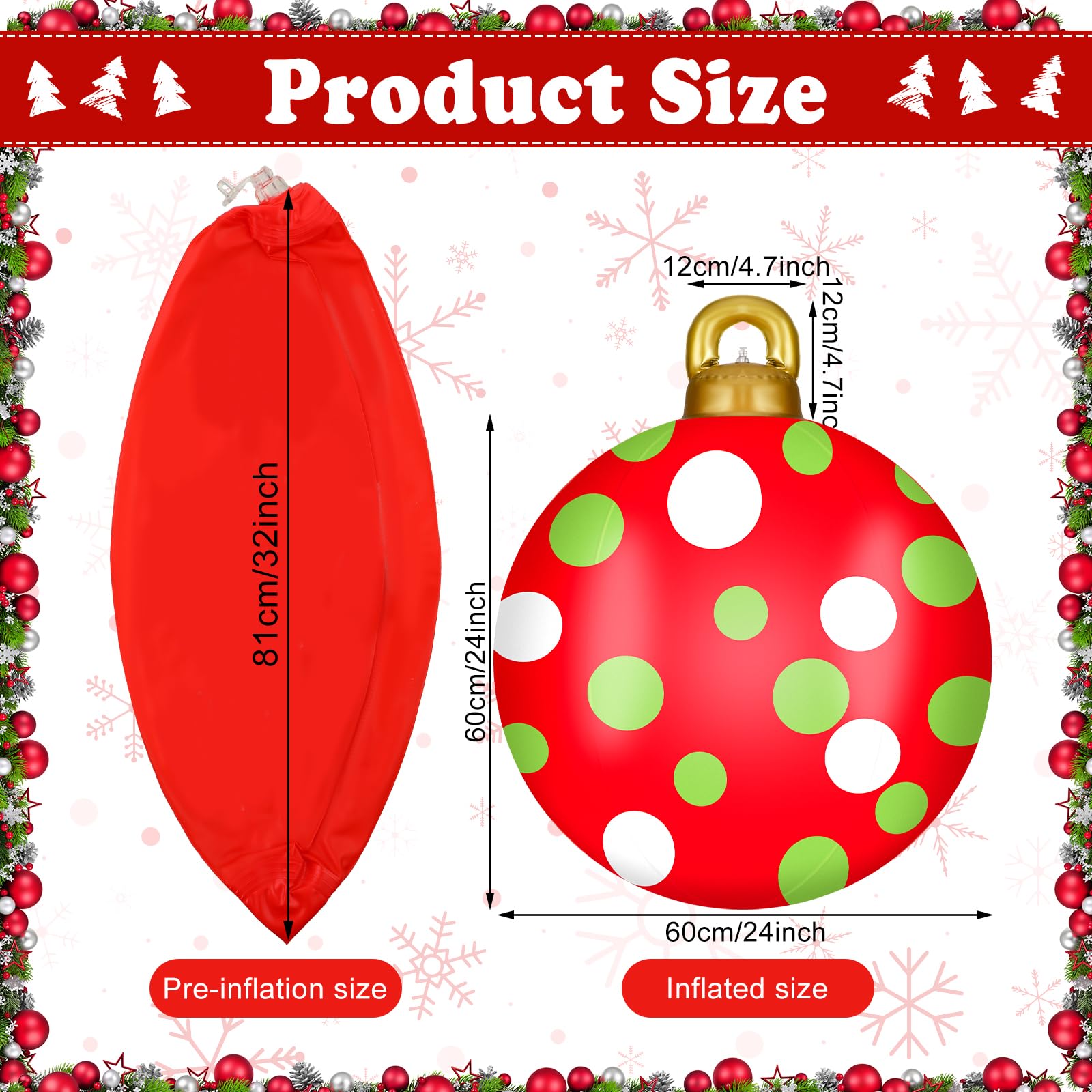 Jetec Lot de 4 grandes boules de Noël gonflables géantes de 81,3 cm en PVC pour l'extérieur, cour, pelouse, porche (rouge, vert, blanc, rayures)