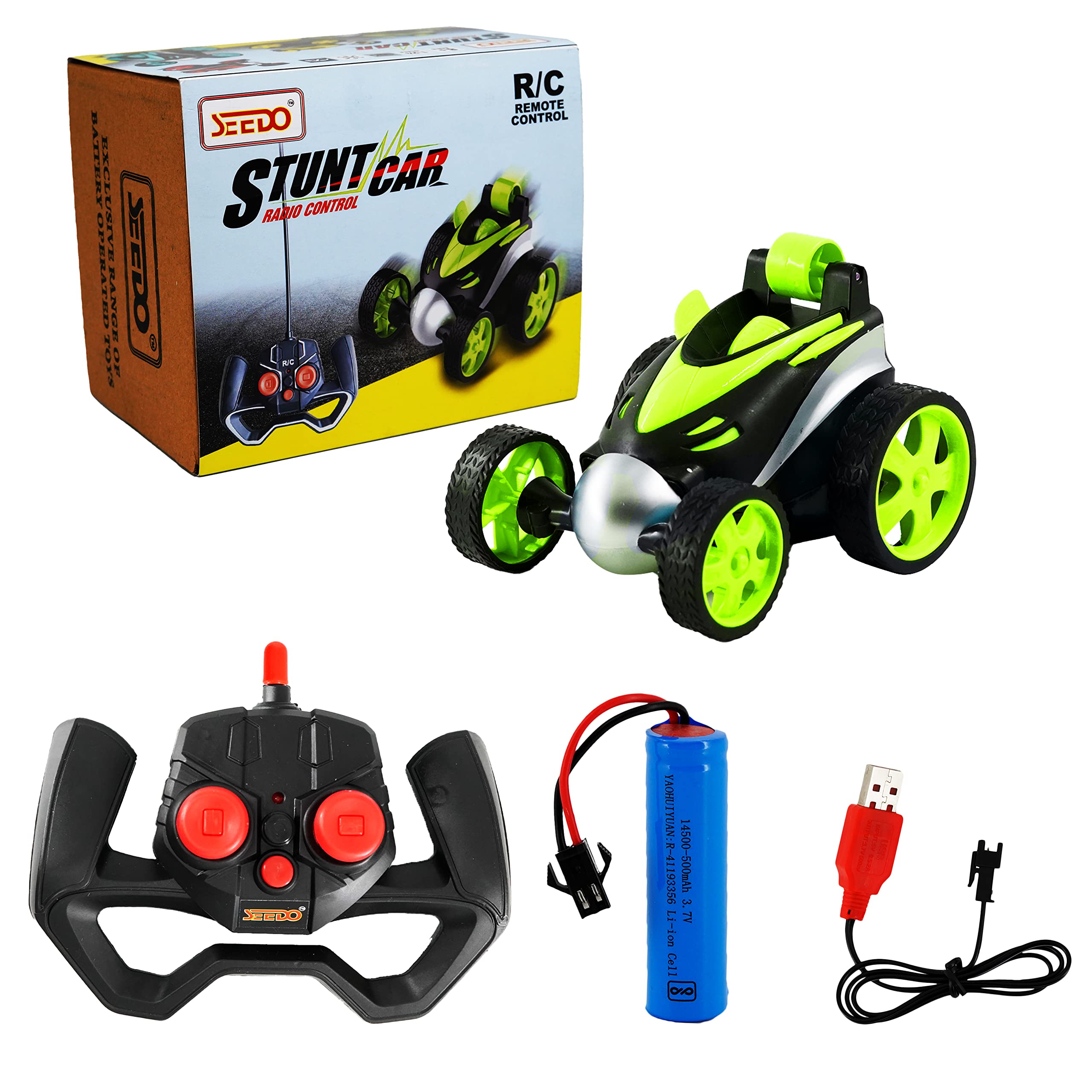 SEEDO Remote Control Rechargeable 360 Degree Stunt Car Toy for Kids, All Terrain RC Vehicle Flipping & Spinning Car with Rubber Tires for Boys & Girls 8+ Years (Pack of 1, Green)