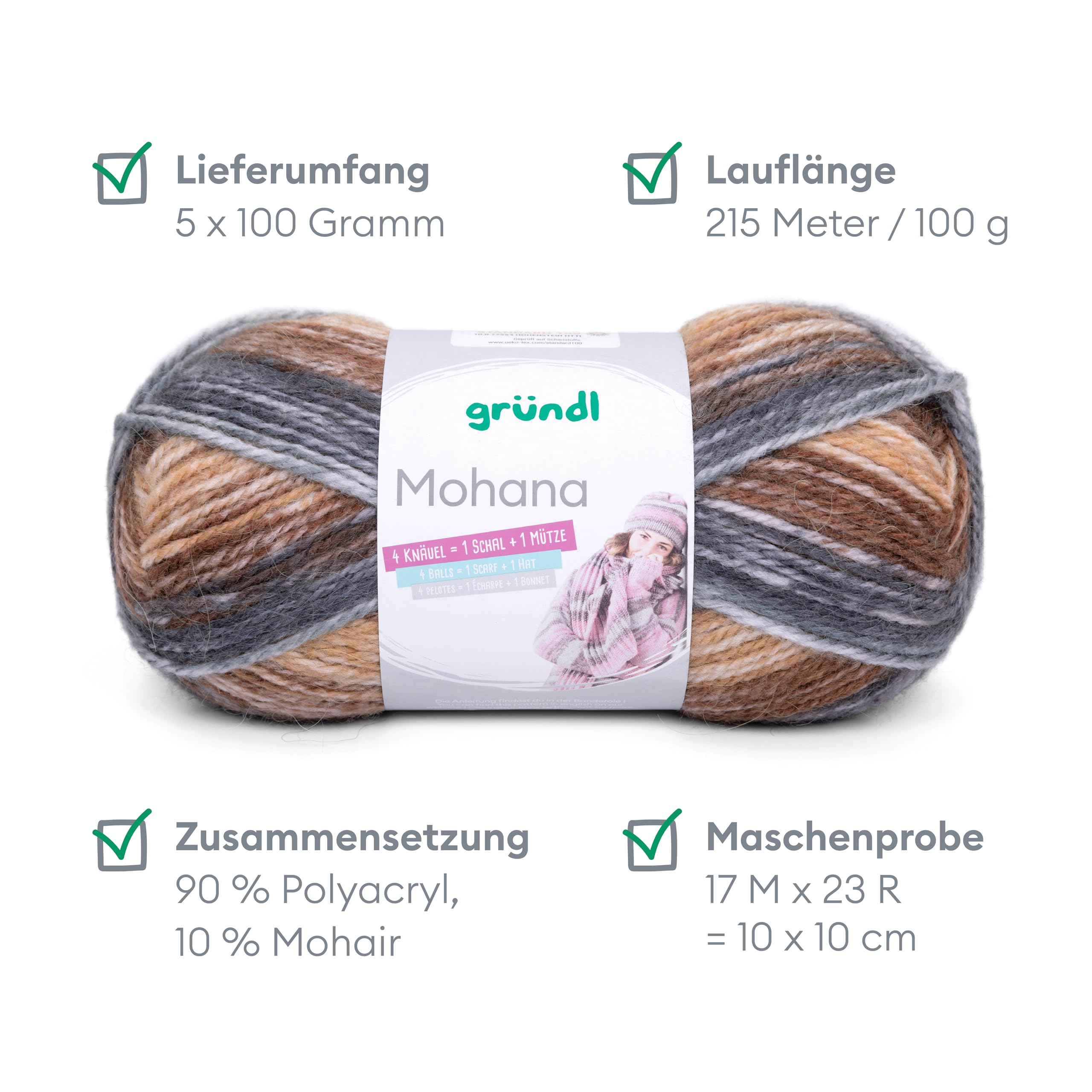 Gründl Mohanna Knitting and Crochet Yarn 90% Polyacrylic 10% Mohair 5 x 100 g Thick Wool Grey Camel Brown - Image 2