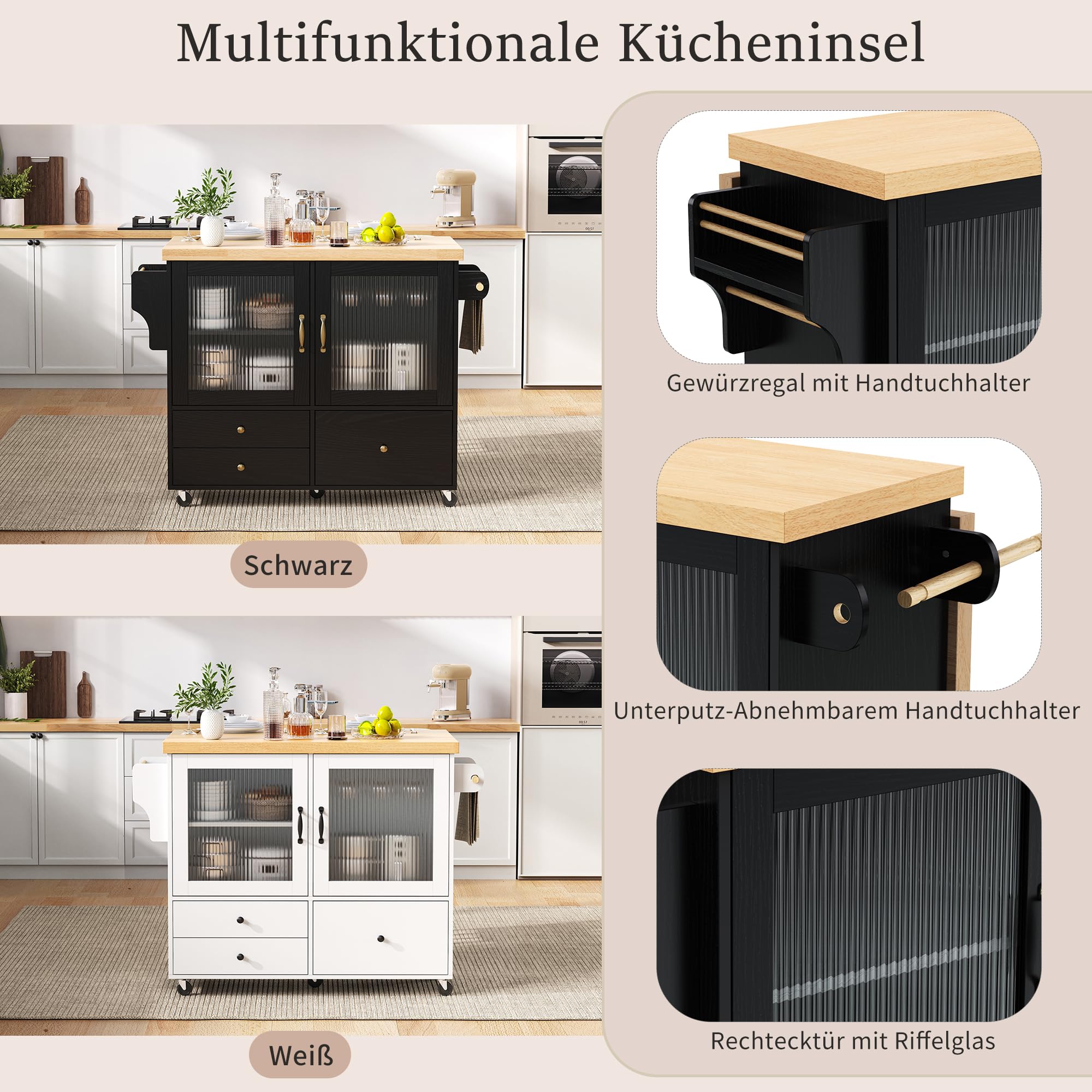 Muskel Isla de cocina móvil con mesa de comedor extensible, carrito de cocina con ruedas con soporte para copas de vino, encimera y espacio de almacenamiento, independiente para cocina, comedor y sala