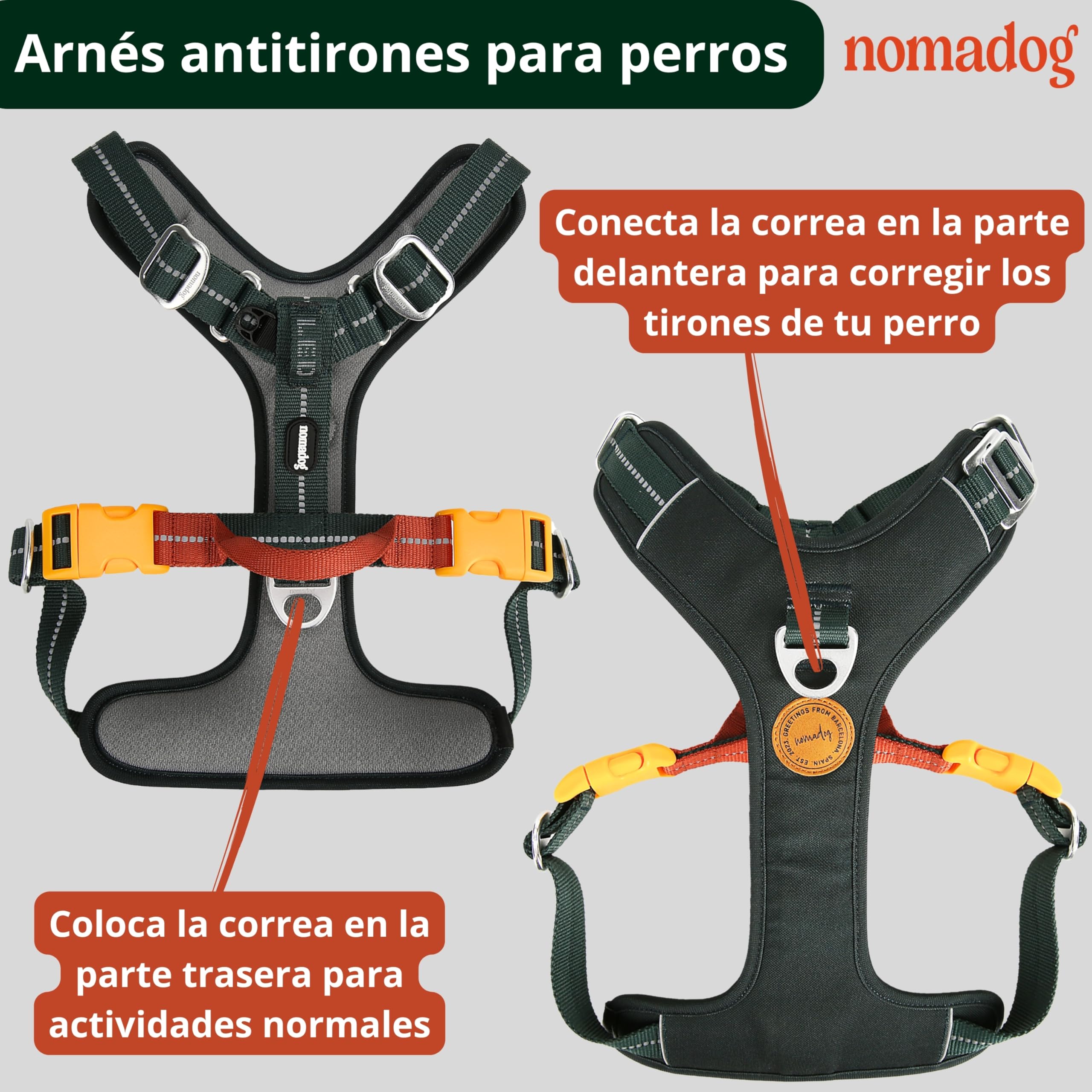 Nomadog Trailblazer Arnes Antitirones Perro Mediano con Asa - Ajuste Óptimo, Reflectante 3M, Aluminio No Oxidante, Materiales Reciclados - Ideal para Perros Activos (M)