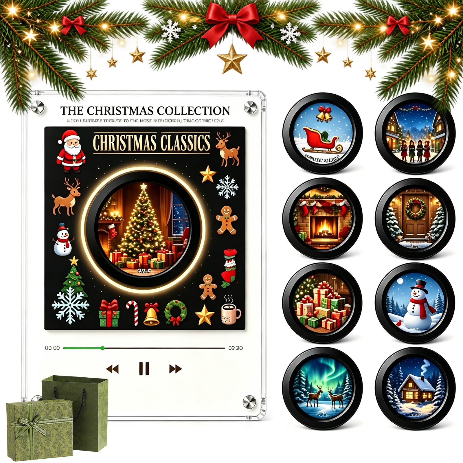 Weihnachts Retro Magnet Mini Vinyl Player Kühlschrank Mit 9 NFC-Discs (B)