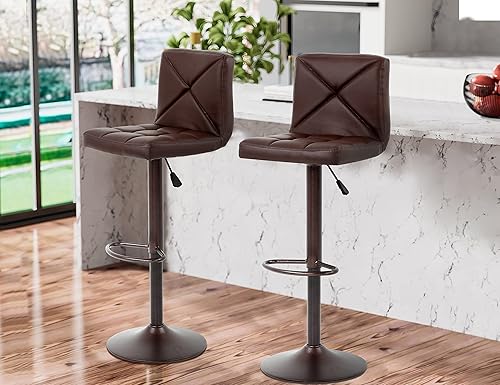 Juego de 2 taburetes de bar cuadrados de piel sintética ajustables en altura con respaldo sillas giratorias hidráulicas sin brazos para encimera de