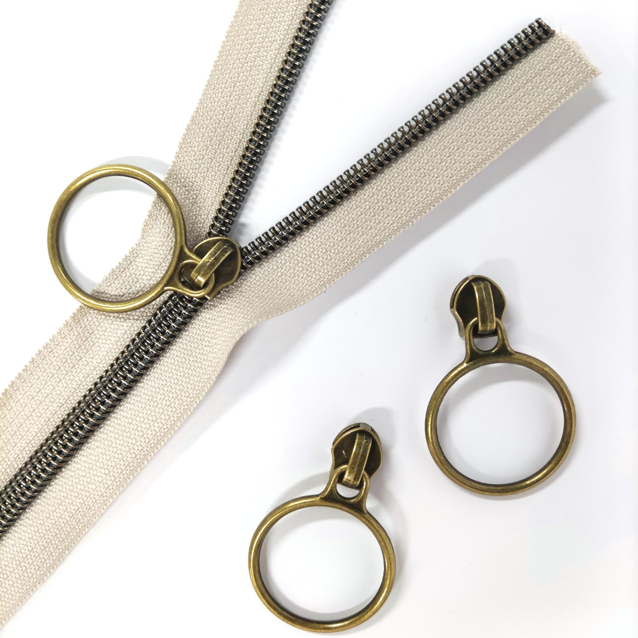 Leekayer #5 Antique Brass Metallic Nylon Coil Zippers by The Yard Bulk 10 Yards Beige Zipper Tape with 25pcs Antique Brass Ring Pull Sliders for DIY Sewing Tailor Craft Bag(Beige) - Image 3
