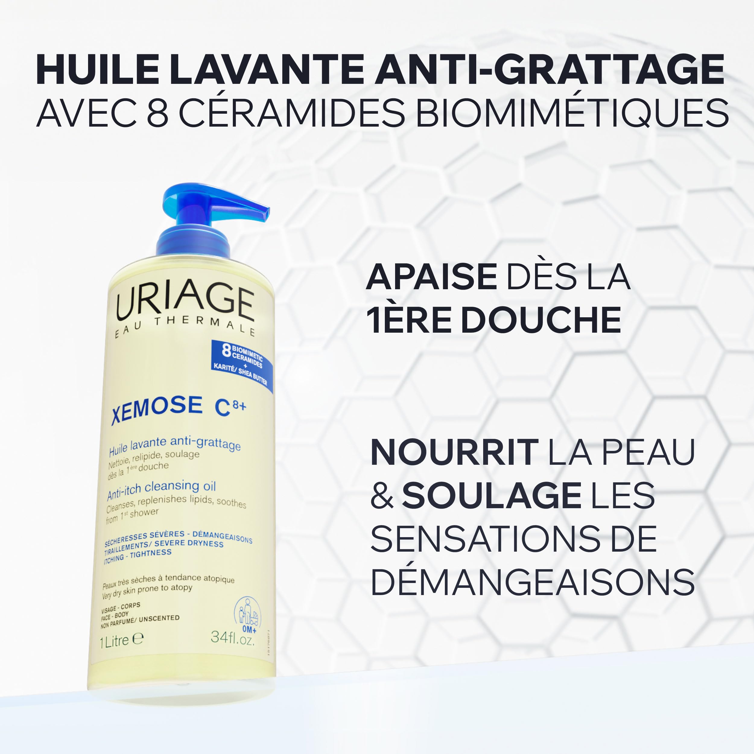 Uriage Xemose Huile Lavante peau sèche à tendance atopique I Nettoie et apaise les démangeaisons. Gel-en-Huile moussant, nourrissant I Visage & Corps I Non parfumée, Sans savon I pH physiologique