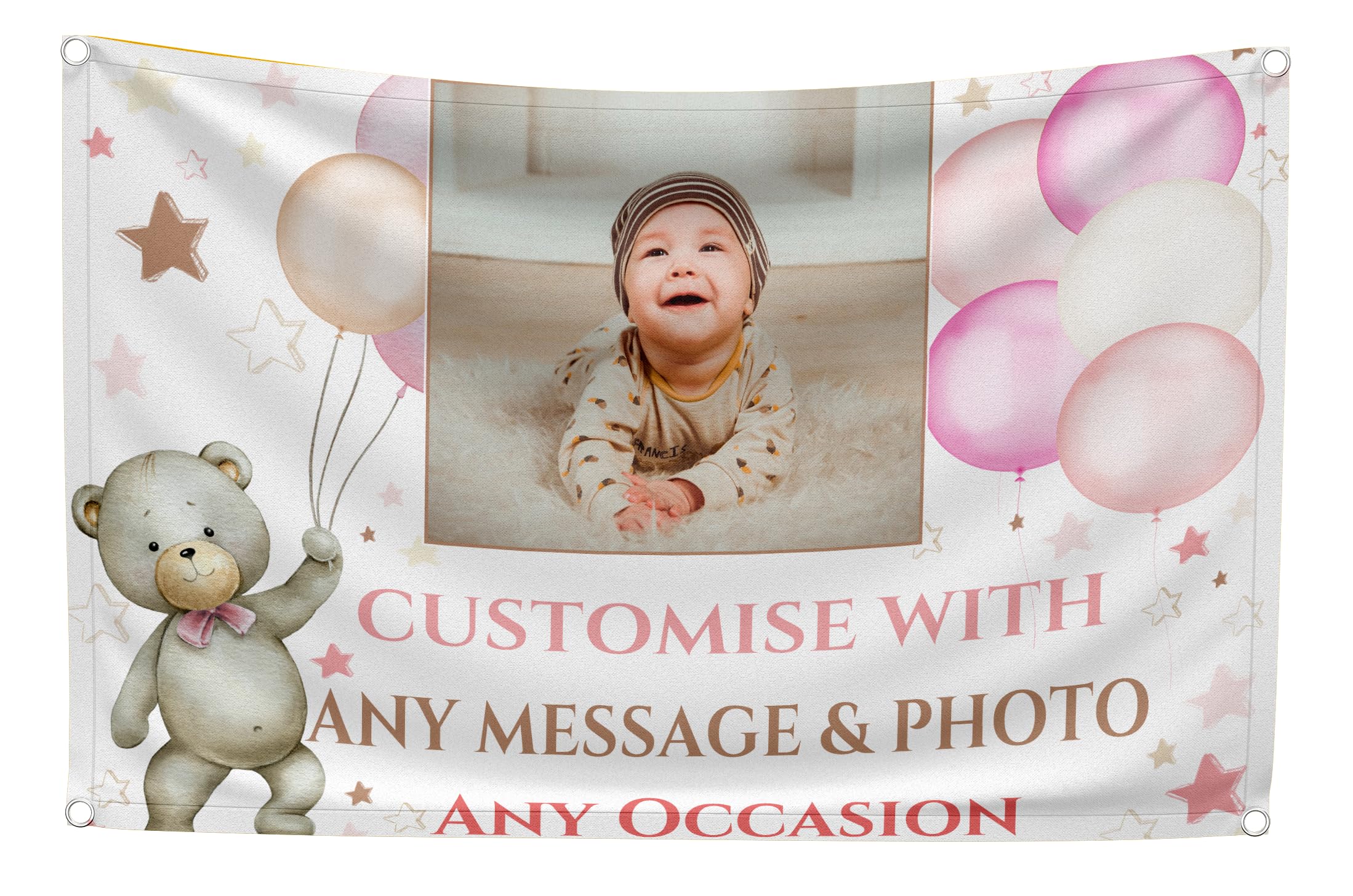 Large 5ft Personalised Banner Backdrop with Photo for girls Birthday Christening Baptism Baby Shower Welcome to The World Decorations Sign Outdoor (Pink Teddy Bear, with PHOTO)