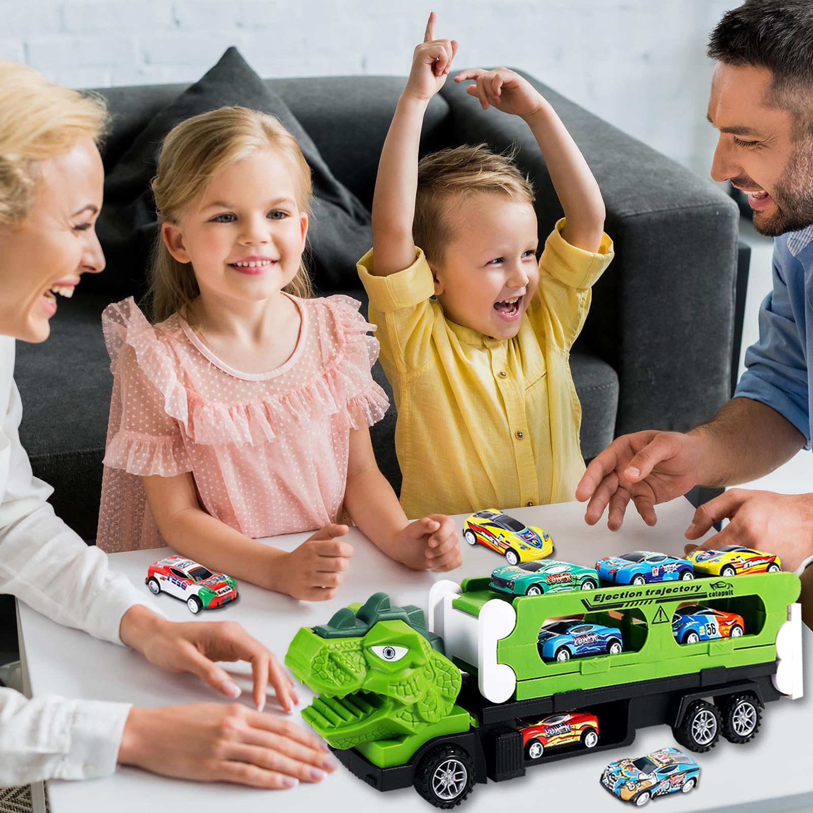 Kit de transport dinosaure 2 en 1 avec 12 voitures jouets en métal, circuit de course portable pour enfants, camion de transport et circuit de course, cadeau pour garçons de 3 à 8 ans