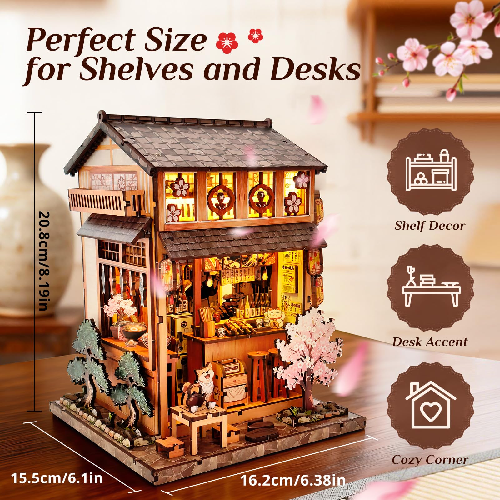 Tecnock DIY Miniaturhaus Bausatz für Erwachsene & Jugendliche, Sakura Izakaya mit Touch-Licht, Book Nook Deko, 3D Holzpuzzle Geschenk für Japan-Fans (Sakura-Izakaya)