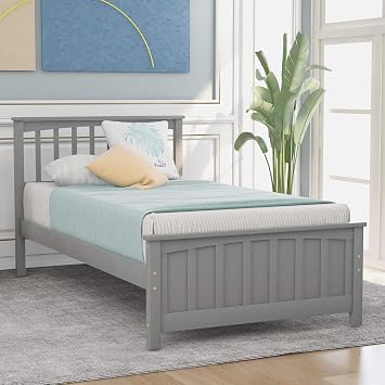 Wood Platform Bed, Twin Size Beds Frame with Headboard & Footboard/No Box Spring Needed/Wood Slat Support Gray