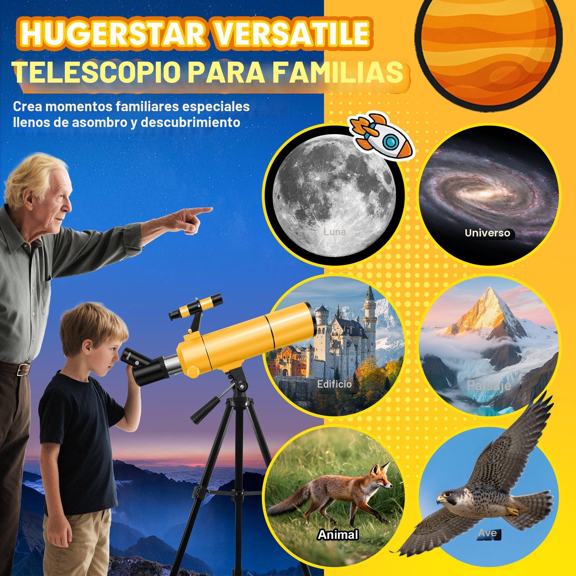 Telescopio Astronómico Profesional para Adultos y Niños Principiantes, 80/500 mm Telescopio Refractor Portátil con Trípode Ajustable, Adaptador para Teléfono, Mochila y Pegatinas Espaciales