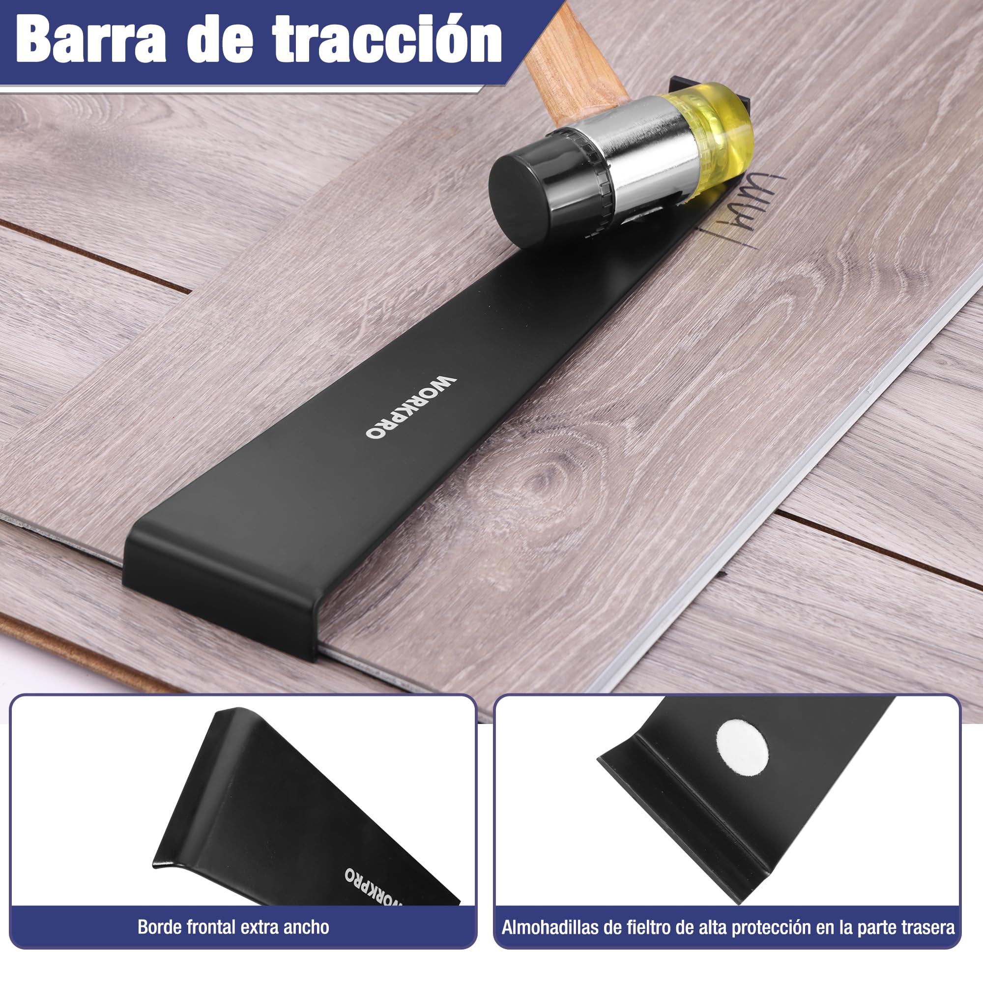 WORKPRO Herramientas para Suelos Laminados con 30 Separadores, Kit de Instalación de Suelo y Piso Laminado, Martillo de Doble Cara, Barra de Tracción y Taco de Impacto
