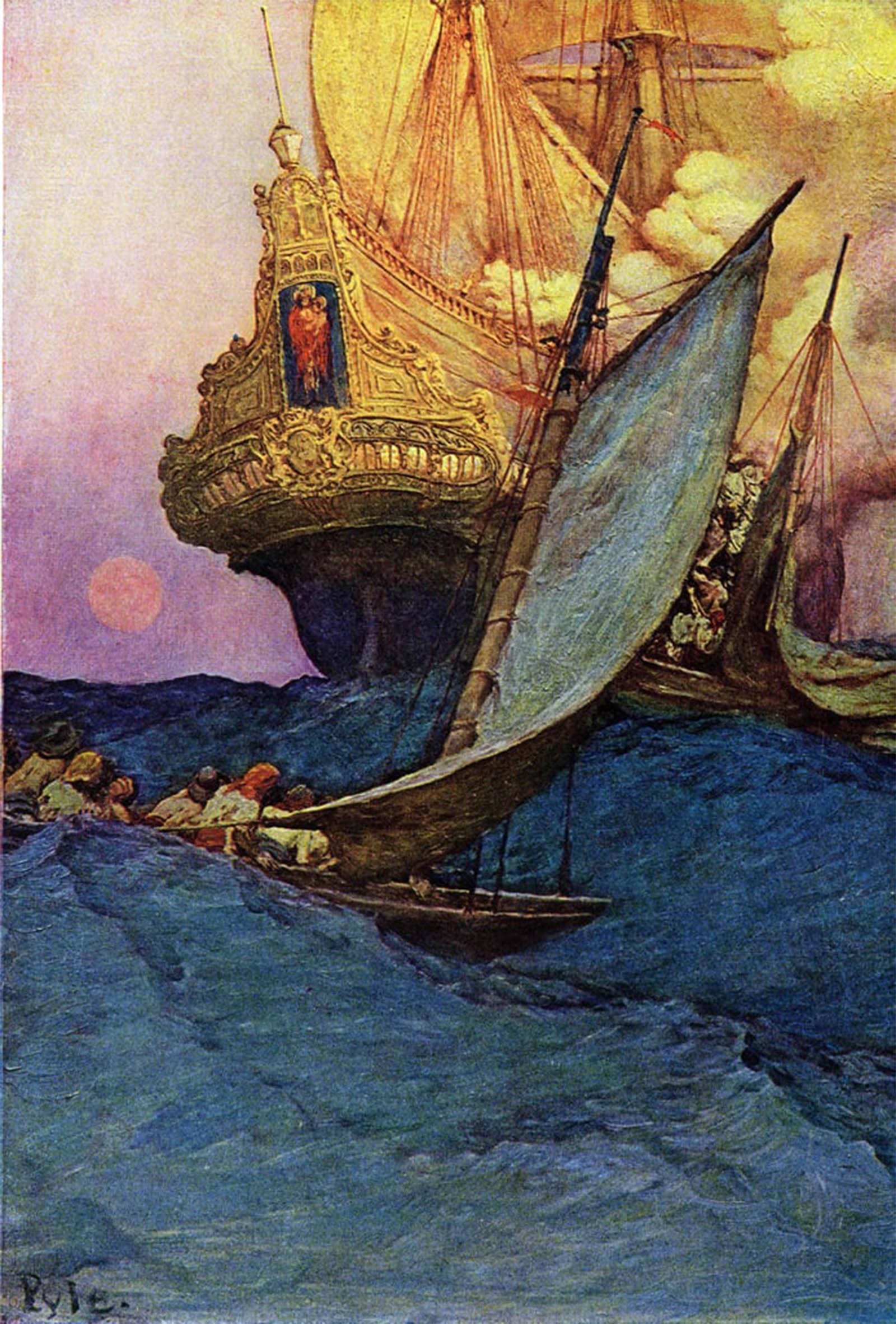 ARTXLXXBN Famous Print Painting Colorful Art Print Attacking a Galleon by Howard Pyle Canvas Art Decorations for Home Decor 60x90cm