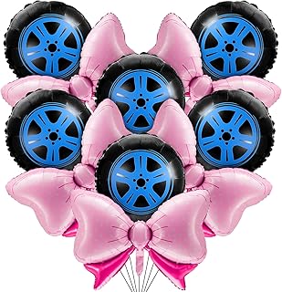16 Pcs Bow or Burnout Gender Reveal Foil Balloons Set, 18 Inches Wheels Balloon, Bow Balloon, Large Pink Bowtie Foil Balloons for Gender Reveal Wedding Birthday Baby Shower Party Decoration