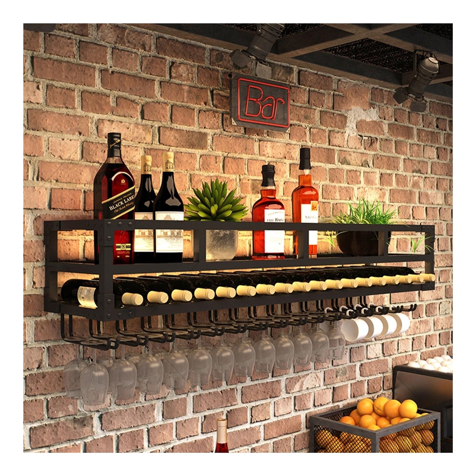 Wall Wine Rack with LED Light Bar Shelves Liquor Bottle Display Shelf Wall Mounted for Liquor Bottles with Hanging Wine Glass Rack Holder Floating Bar Kitchen Wall Shelf Liquor Cabinet Bar for Home(Bl