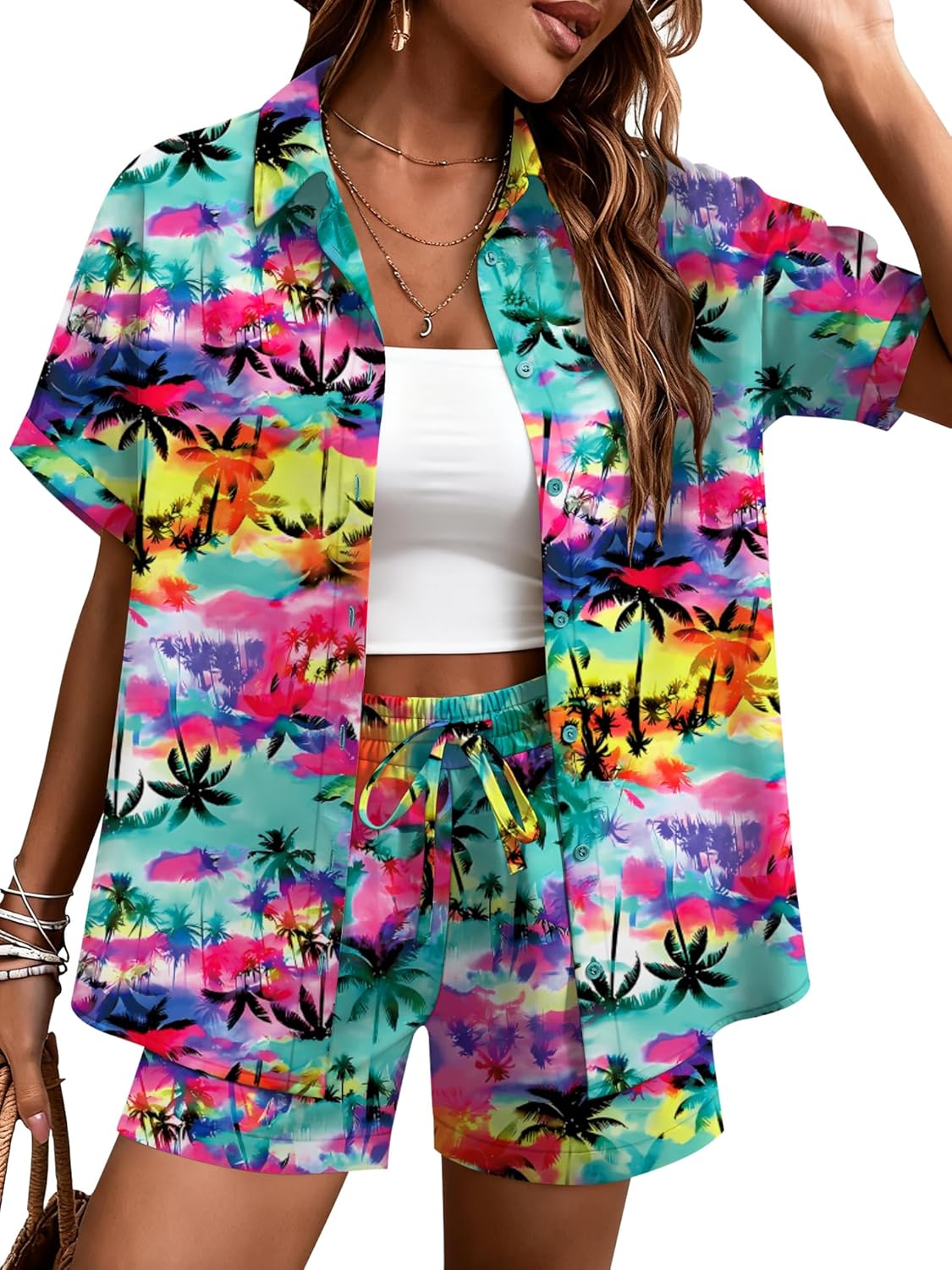 LOMON Women's 2 Piece Hawaiian Vacation Outfits Tropical Print Short Sleeve Shirts and Shorts Beach Sets Resort Wear