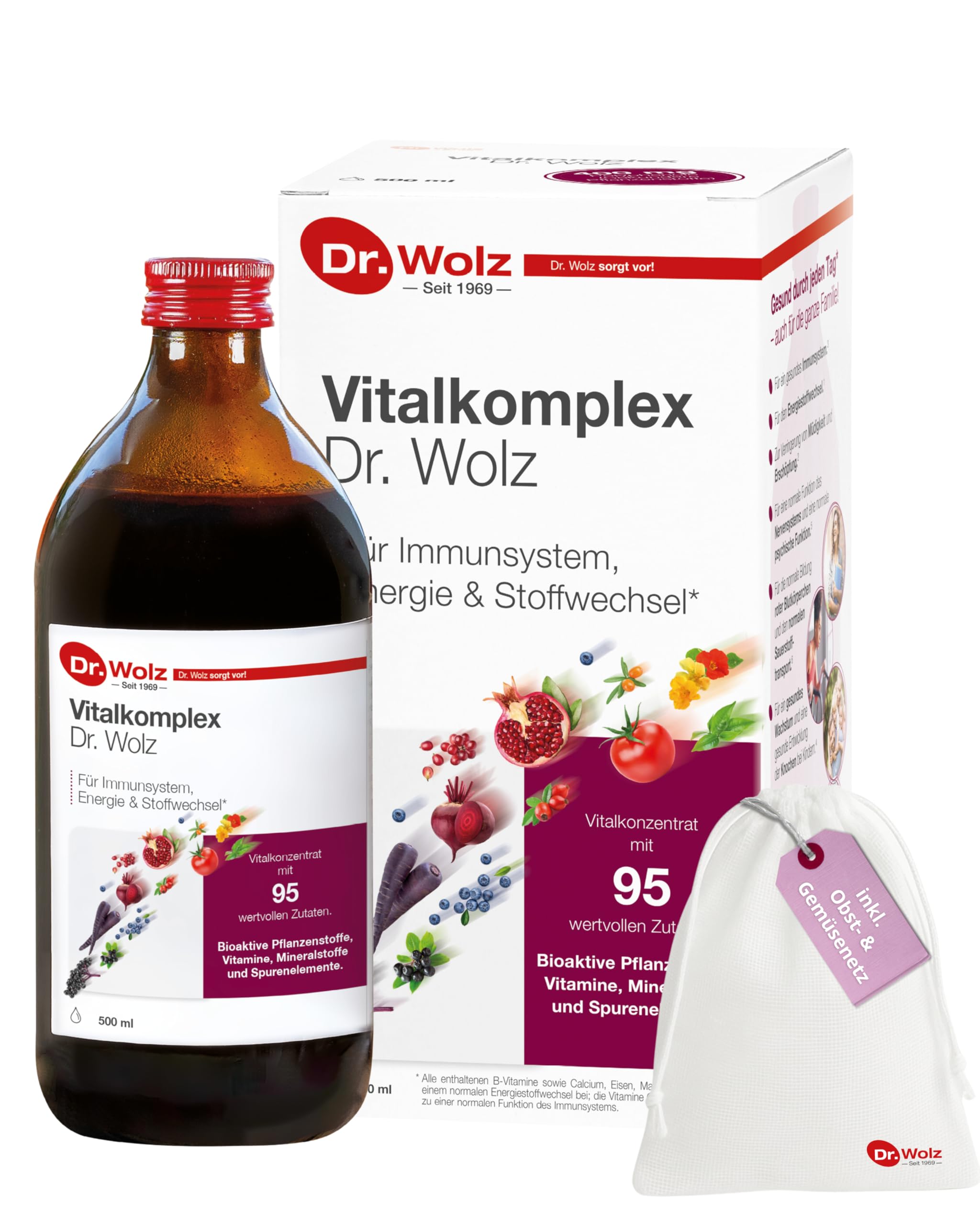 Dr. Wolz Vitalkomplex 500ml Kombipaket mit Obst- und Gemüsenetz - Mikronährstoff-Komplex mit 95 Zutaten - Vitamine, Mineralstoffe, Spurenelemente & Sekundäre Pflanzenstoffe – für Immunsystem- vegan