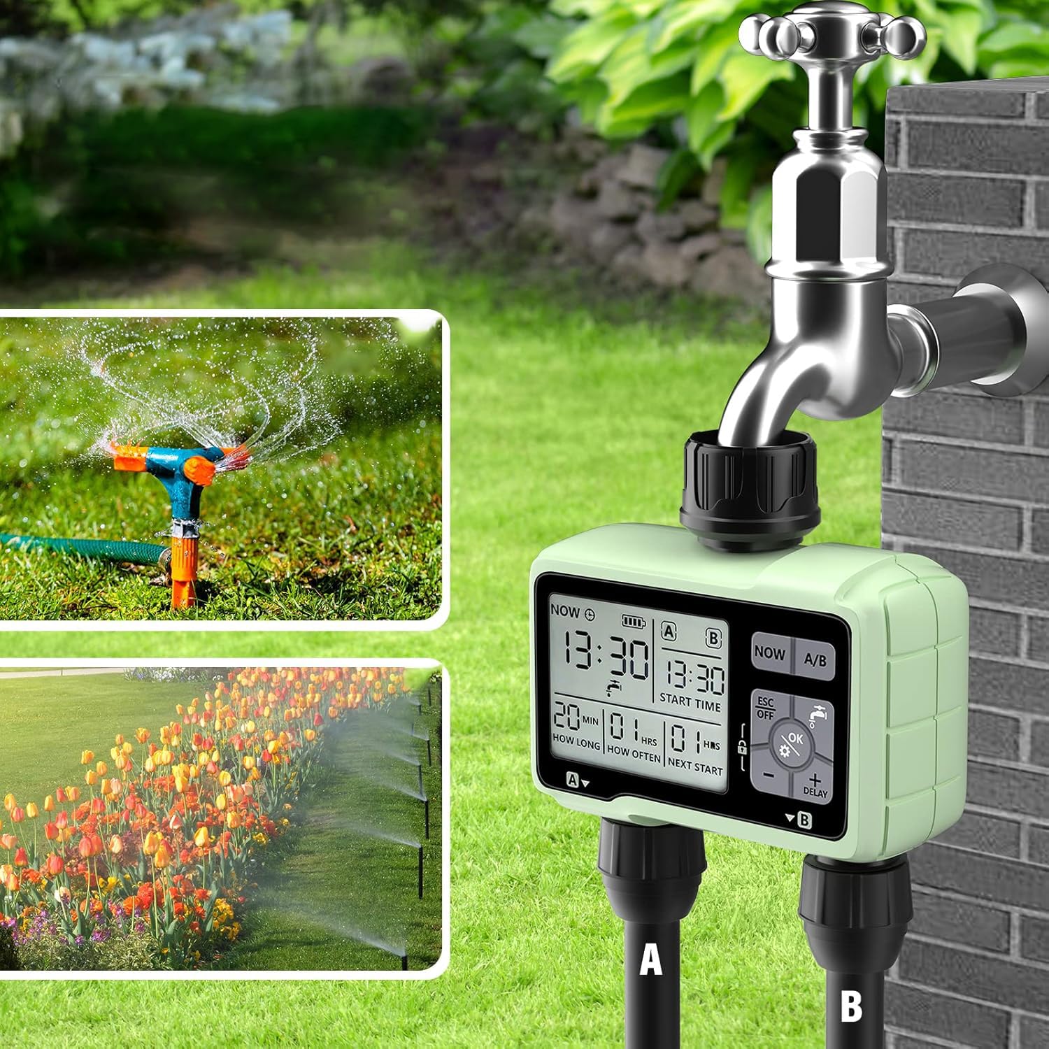 LABART Temporizador de agua digital de 2 zonas para jardín, plantas agrícolas, manguera, grifo, salida programable, sistema de riego para el hogar, controlador de flujo con modo de bloqueo infantil