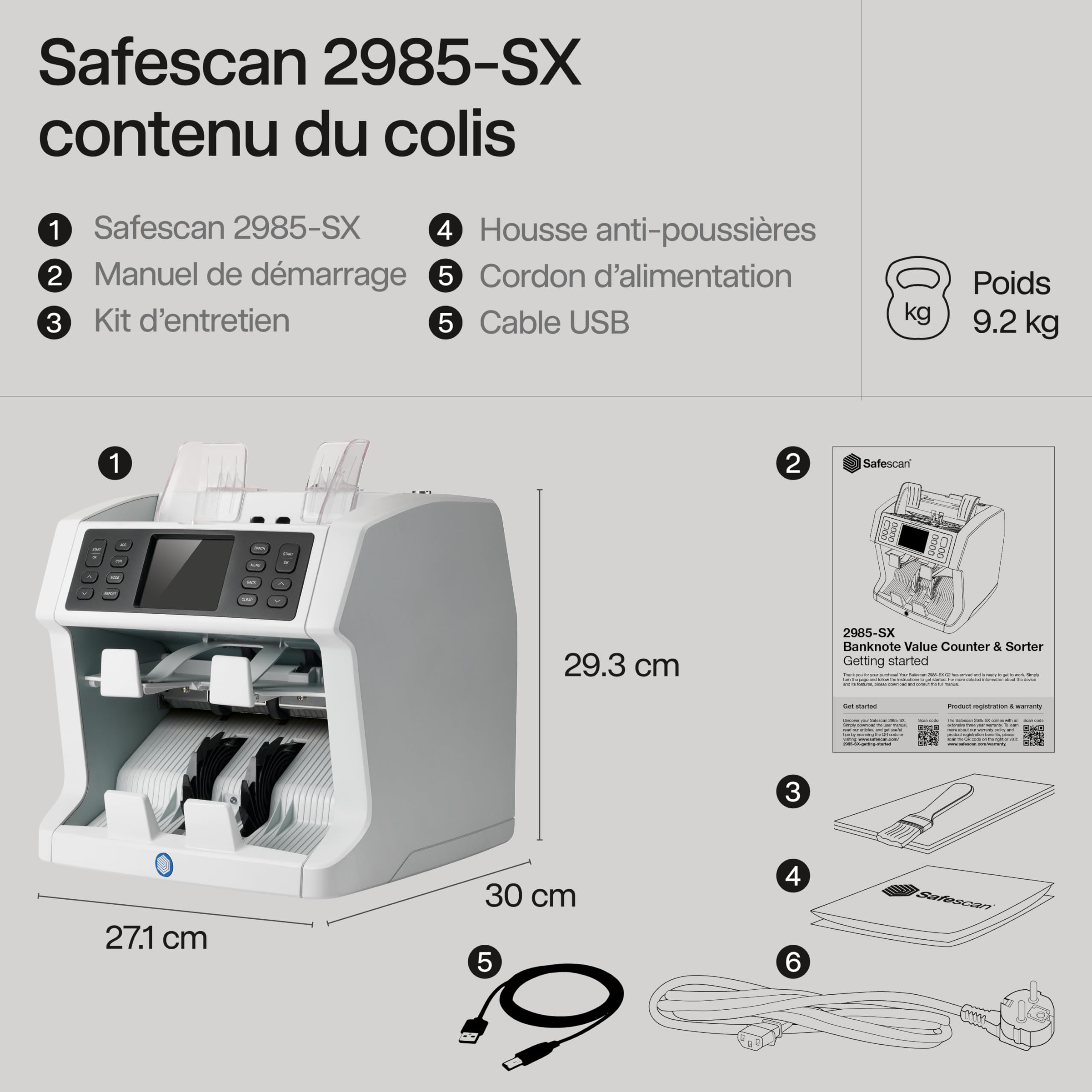 Safescan 2985-SX compteuse de billets valorisatrice qui compte et trie les billets mélangés - Compteur de billets avec détection de faux billets sur 7 points - Compteuse de billets avec option de tri