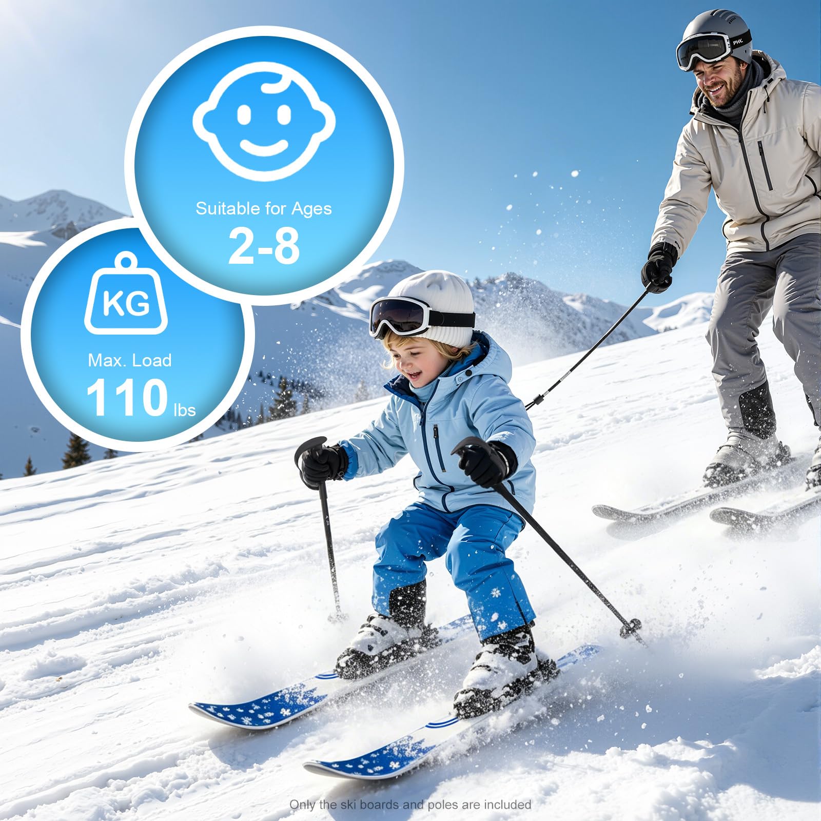 Kinder Ski Set Anfänger Skier 68cm Doppelspitz Ski Mit Stöcken Verstellbare Bindung 50kg Belastbar Leichtgewicht 1.7kg ABS Schnee Ski Ausrüstung