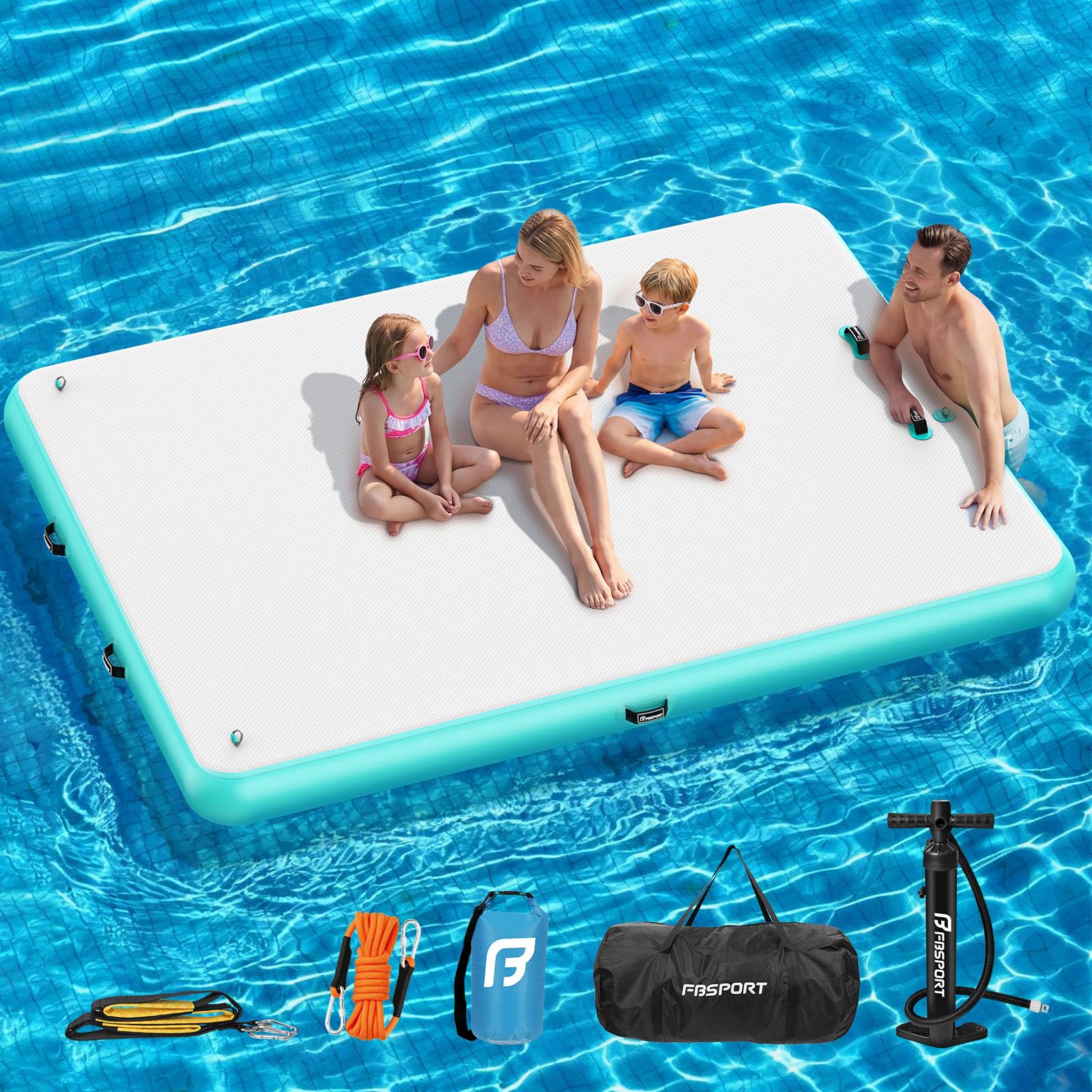 FBSPORT Piattaforma Galleggiante Gonfiabile - Isola d’Acqua per Più Persone, Tappeto Gonfiabile con Superficie Antiscivolo e Borsa, Dock Gonfiabile per Mare, Piscina e Lago