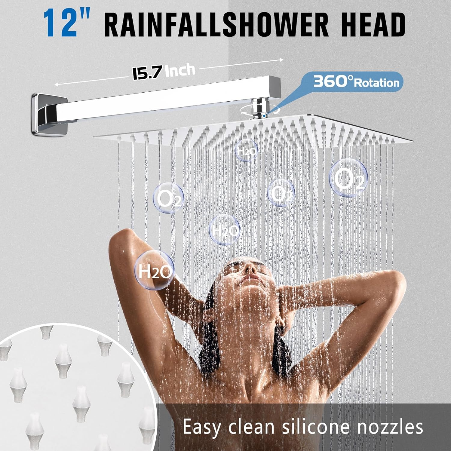 12 Inch Rainfall Shower System - Wall Mounted Complete Combo with Solid Brass Pressure Balancing Valve, High Pressure Shower Head, Handle Set & Installation Accessories Chrome