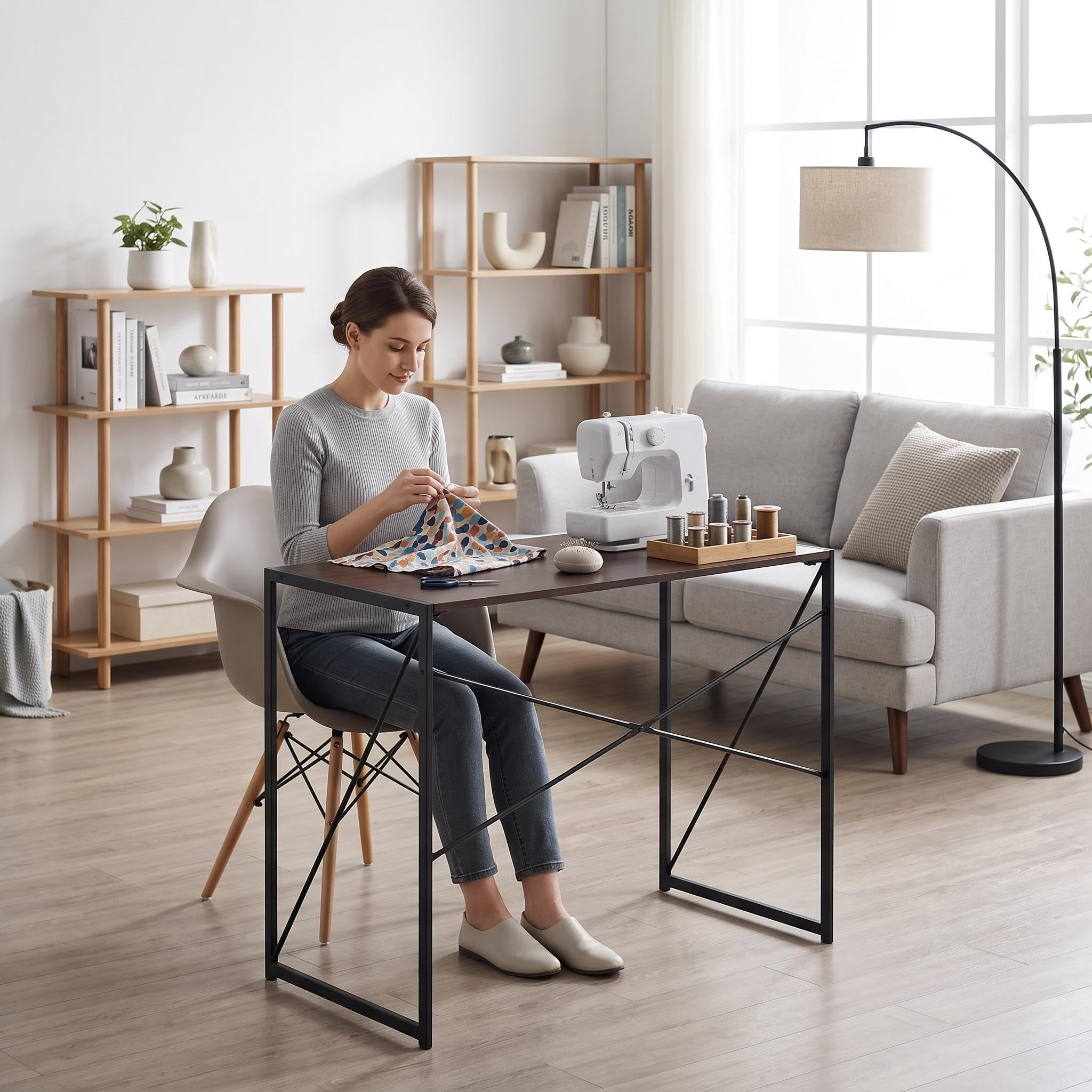 FurnitureR Tables de Couture et D'artisanat, Bureau Créatif et Efficace, Table Multifonctionnelle avec Rangement Pliable, Cadre en MDF et Métal, Pas de Montage Nécessaire, 100 x 50 x 75cm, Nnoyer