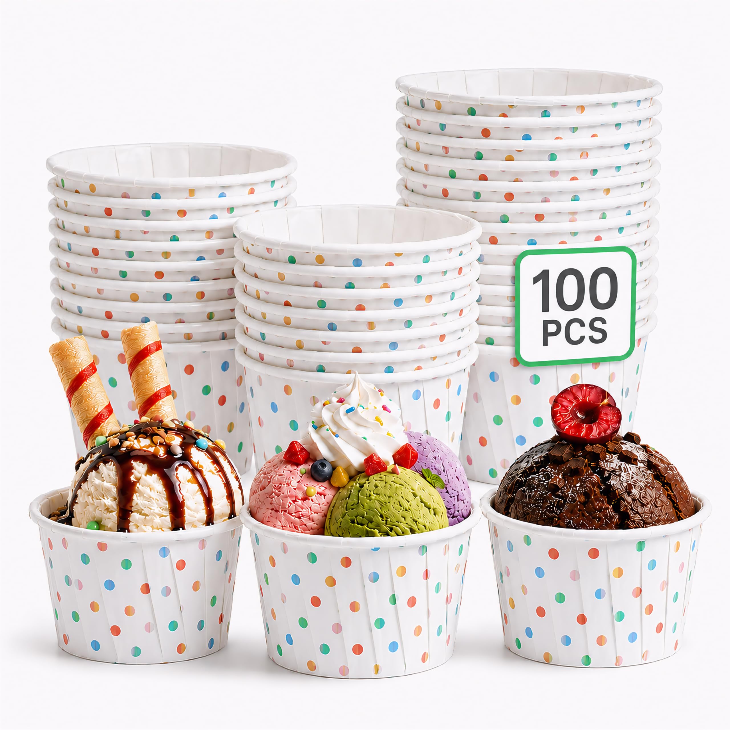 100pcs Paper Ice Cream Cup, Colorful Dot Dessert Cake Cup for Kids