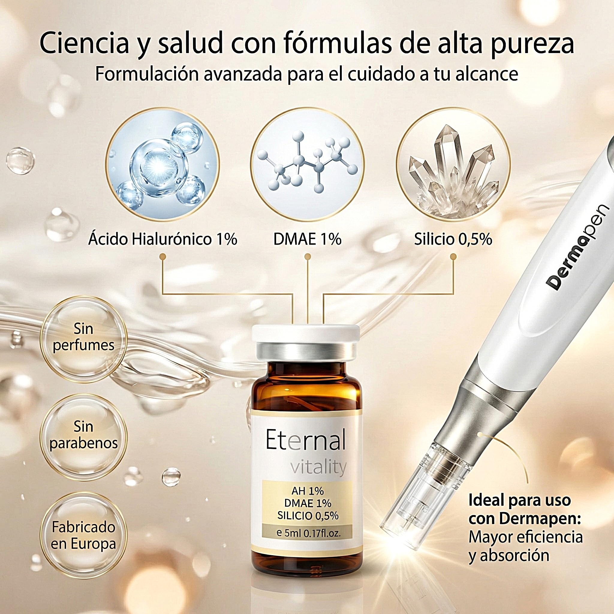 Ácido hialurónico 1% + DMAE 1% + Silicio orgánico 0.5%,viales 5ml. Suero facial reafirmante anti edad. Hidratación intensiva y efecto lifting natural. (3 Viales)