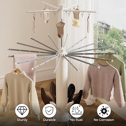 Miniatura 7 de Tendedero plegable para ropa con 4 patas, con 20 clips, estante para secadora de zapatos, con 4 poleas y agujeros antideslizantes, estante portátil