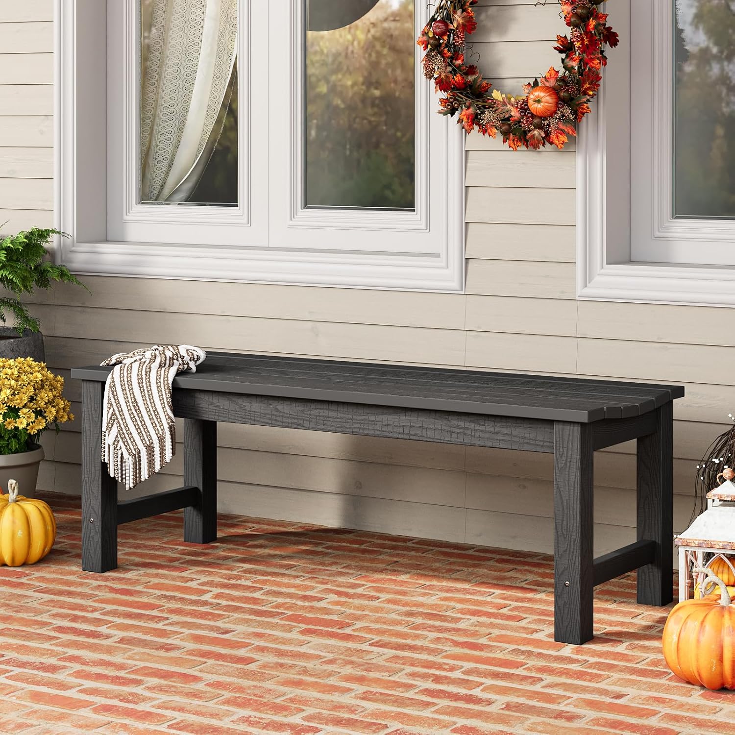 Outdoor Bench, 2-Person Patio Backless Bench Holds up to 800lbs, Weatherproof Garden Bench That Never Rot and Fade, Suit for Backyard, Porch, Patio, Deck and Entryway (Black)