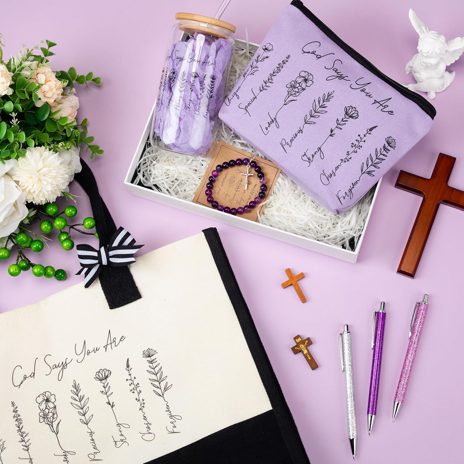 SilTriangle 8 Pcs Christian Gifts for Women God Says You Are Religious Faith Spiritual Inspirational Tote Bag Gift Set for Mom Female Sister Birthday(Purple) - Image 5
