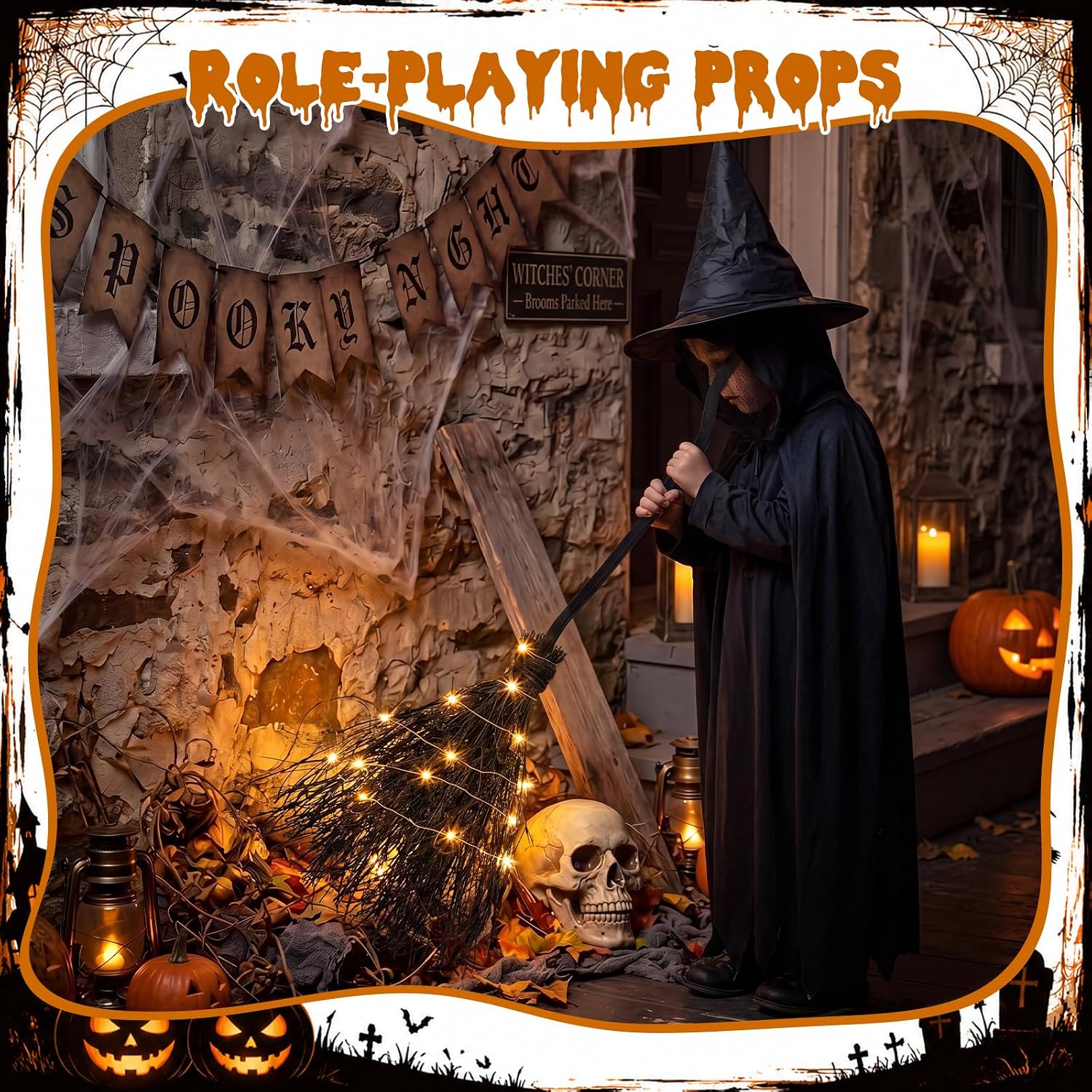 Newtay 36 Inch Witches Broom LED Light Halloween Costume Prop Wizard,Black image 5