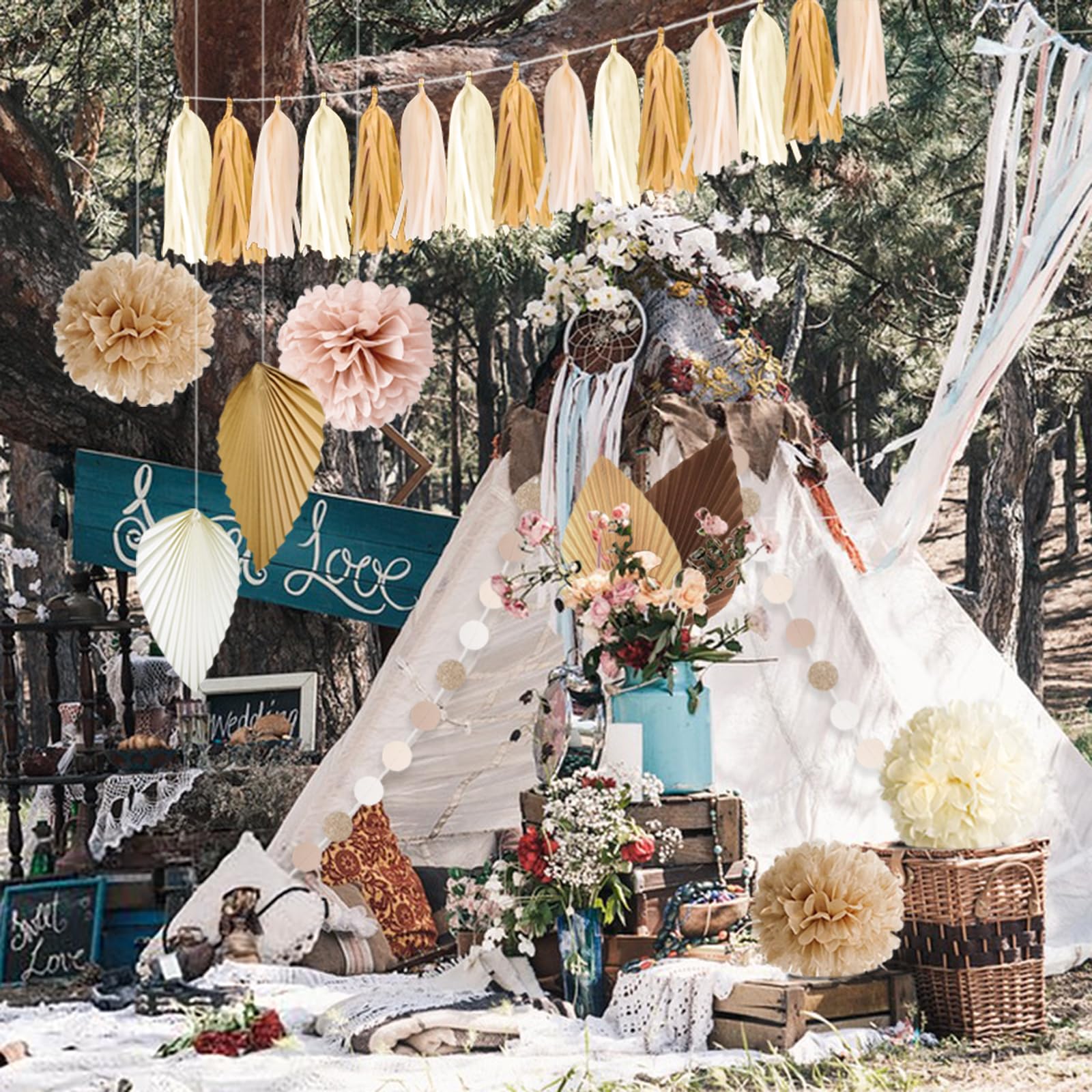 YBwanli Pastelbeige Feestdecoratie – Boho Stijl, Voor Babyshower, Gender Reveal, Bruiloft, Met Papieren Kwastjes En Slingers