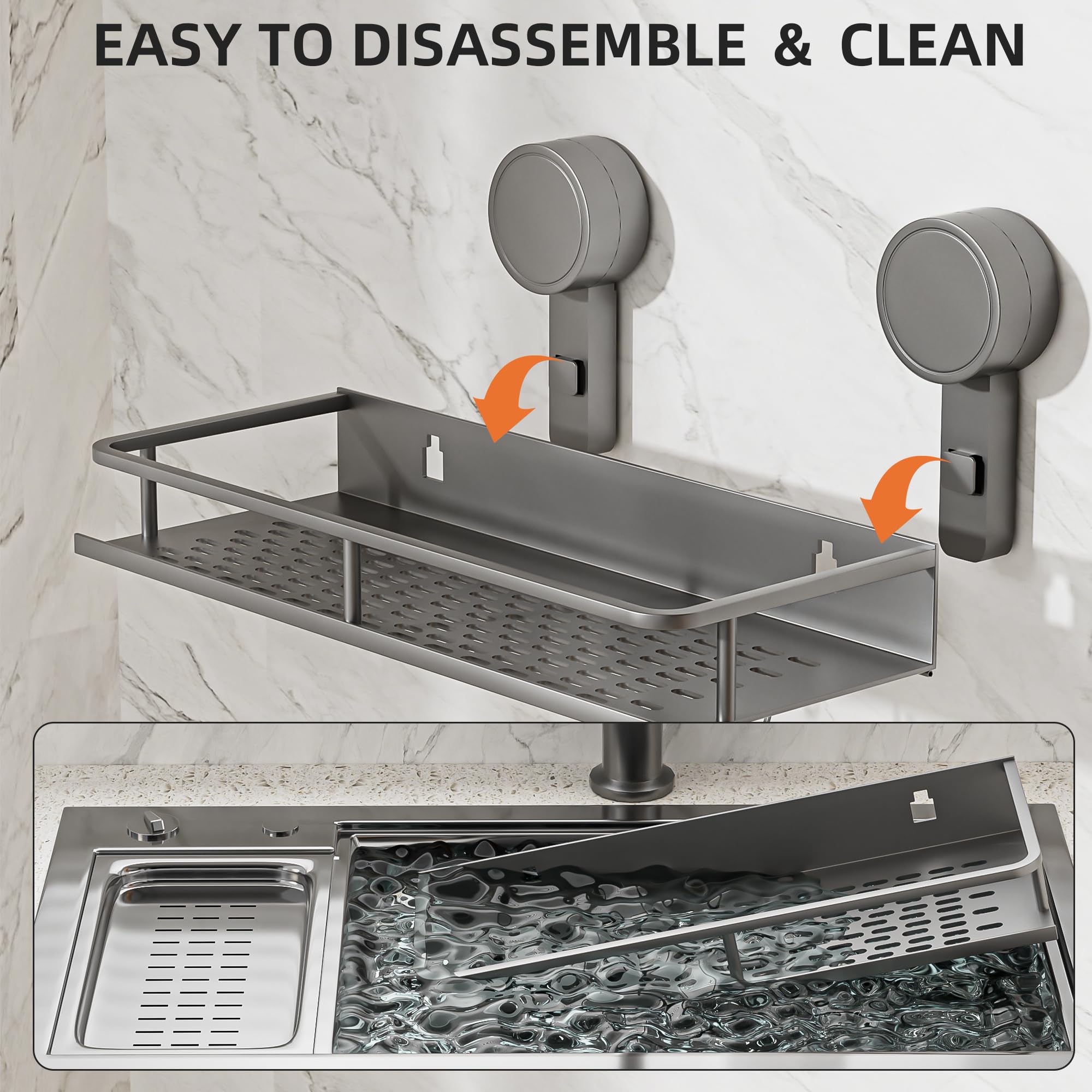 Wisfame Półka prysznicowa z przyssawką, bez wiercenia, duża pojemność, aluminiowy organizer łazienkowy z 5 haczykami, wodoszczelny/nierdzewny/trwały uchwyt na szampon, szary