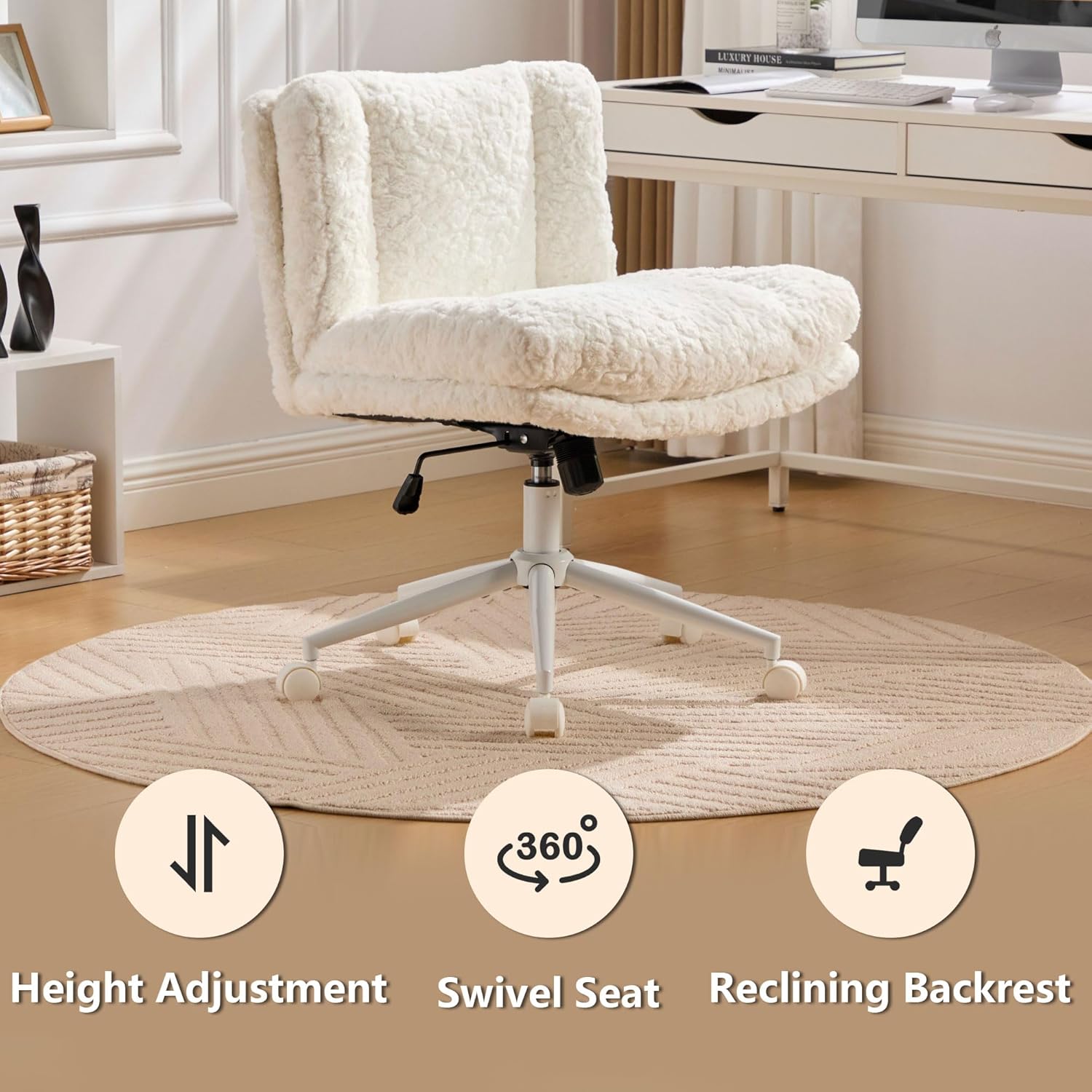 26.4" Wide Beige Vanity Chair, Make Up Chair with Back and Wheels, for Bedroom, Home Office, Cute Faux Rabbit Hair