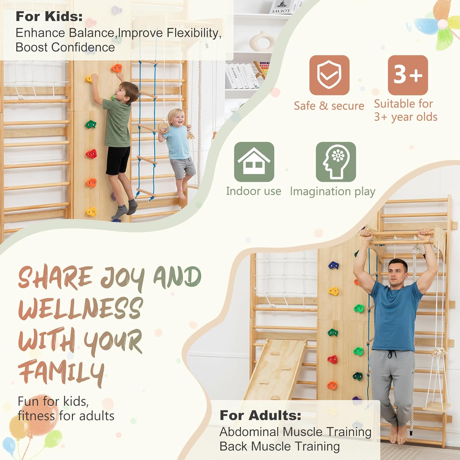 Two children playing on the Swedish ladder, one climbing the rock wall and another on the rope ladder.