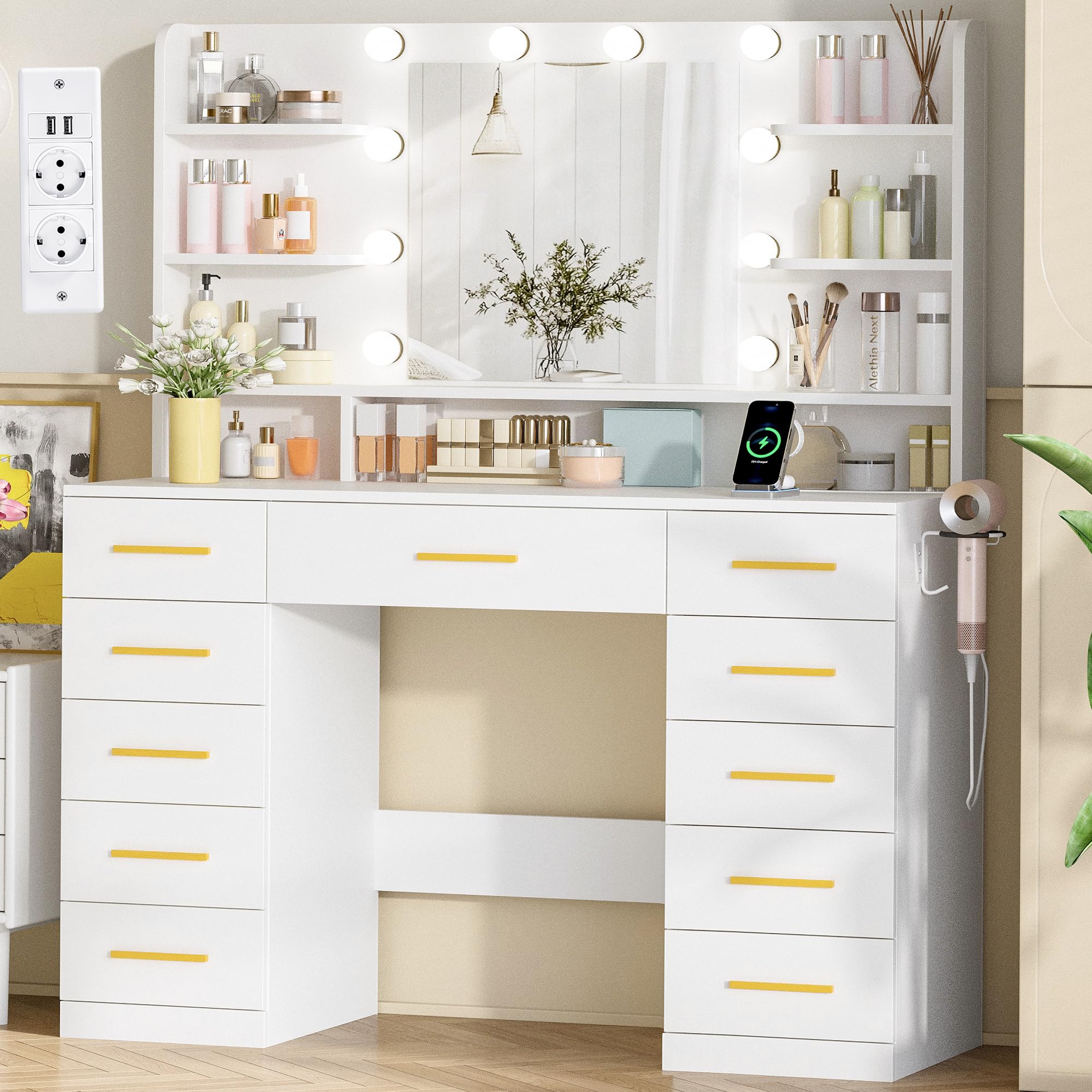 BEWISHOME Grande Toletta da Trucco con Specchio e Luci,3 Colori Regolabile,Toeletta con Presa,Tavolo da Trucco con 11 Cassetti e 6 Ripiani Aperti,Postazione Trucco Moderno Bianco EFST50W