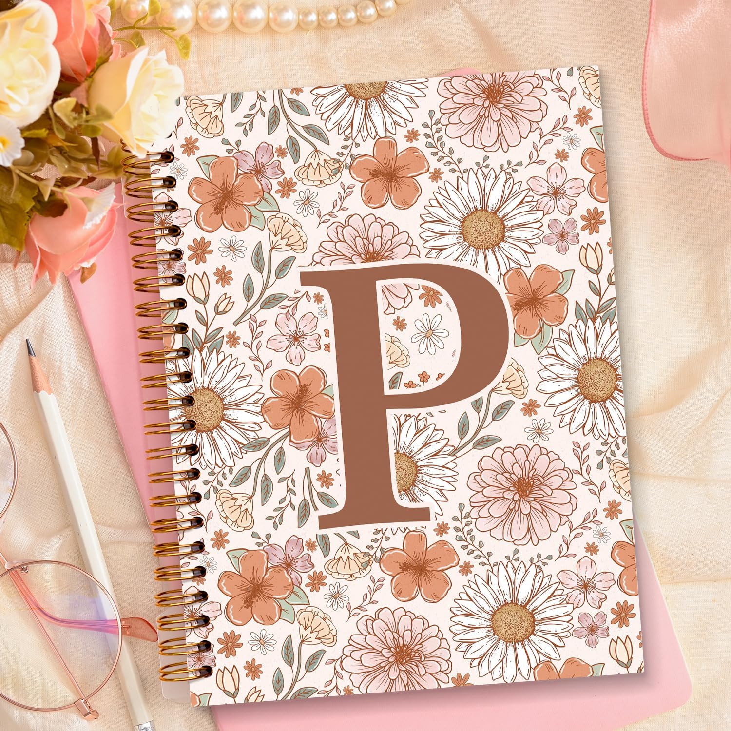Initial Letter P Floral Notebook Journal, Personalized Monogrammed Gifts Journaling Notebooks for Women Teen Girls, Notebooks for Work, Boho Flowers Daisy Spiral Notebook, 5.5x8.3 - Image 5