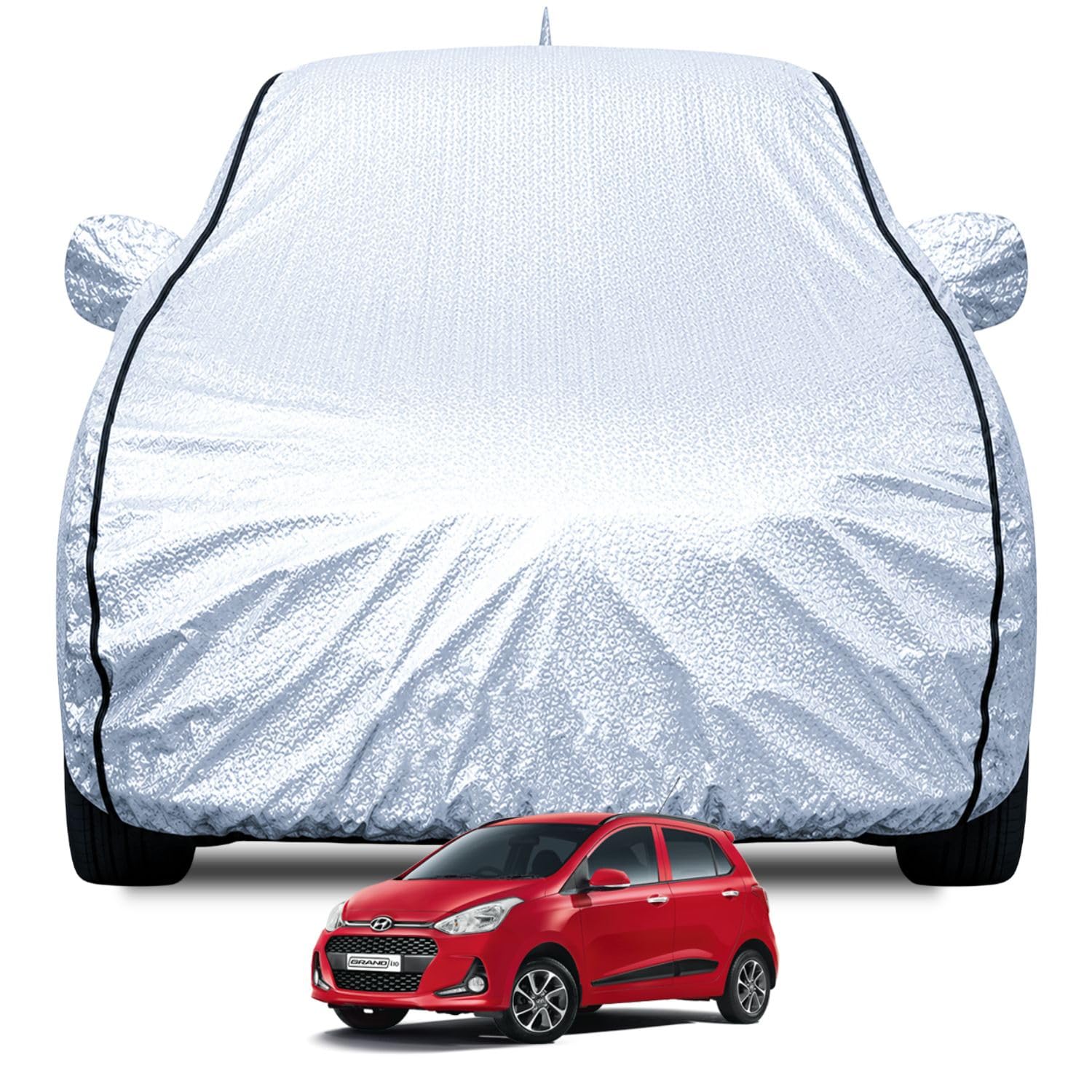 Fabtec Waterproof and Heat Resistant Mirror and Antenna Pocket Car Body Cover Compatible with Hyundai Grand I10 (Full Bottom
