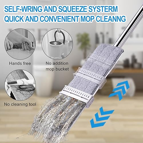 Miniatura 3 de Nolopau Trapeador plano autoescurrido, trapeador de piso de microfibra manos libres, mango de fregona de acero inoxidable, 360 Lazy Flit con 6