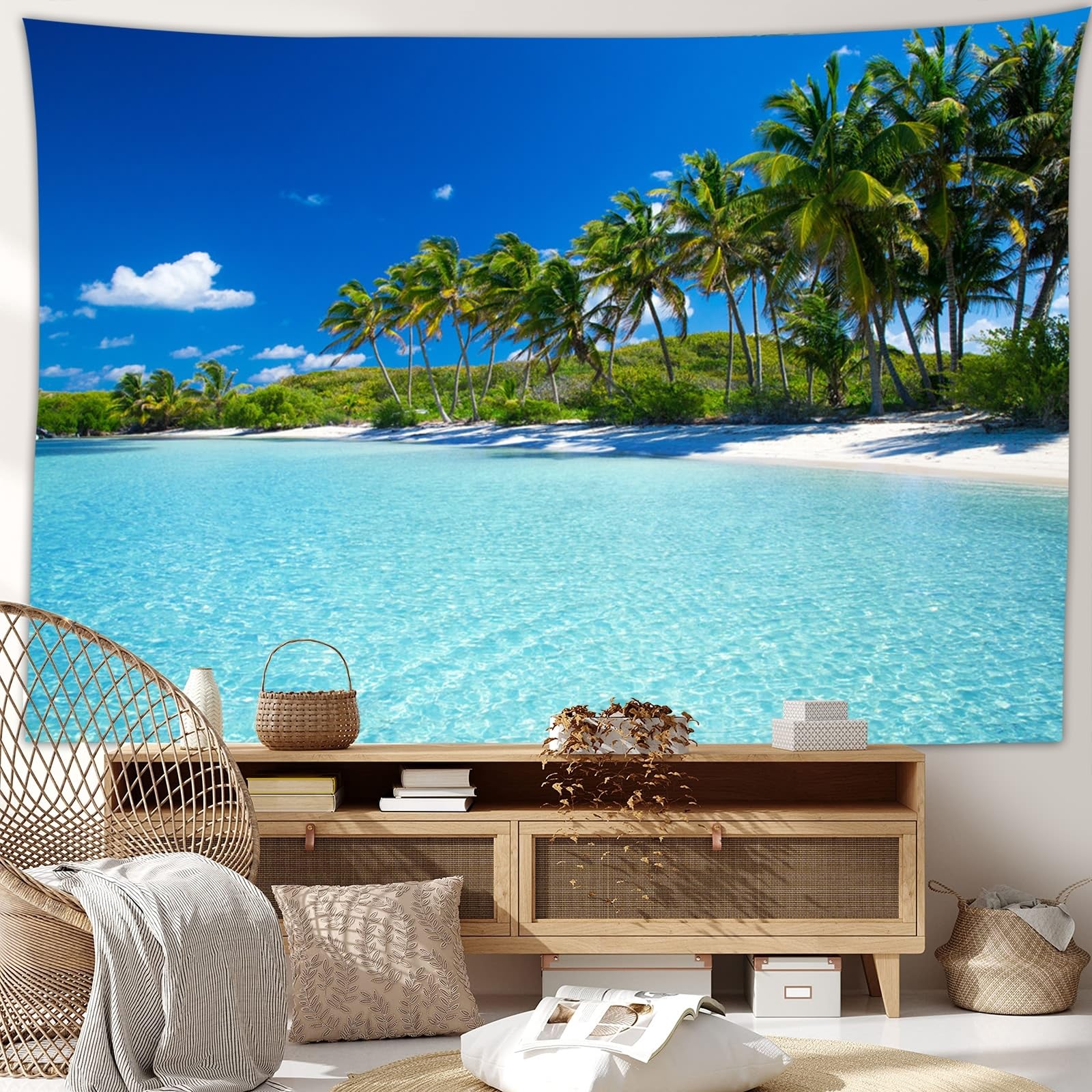 Arazzo da parete naturale spiaggia mare paesaggio murale blu grande telo decorativo da parete per esterni, 300 x 260 cm