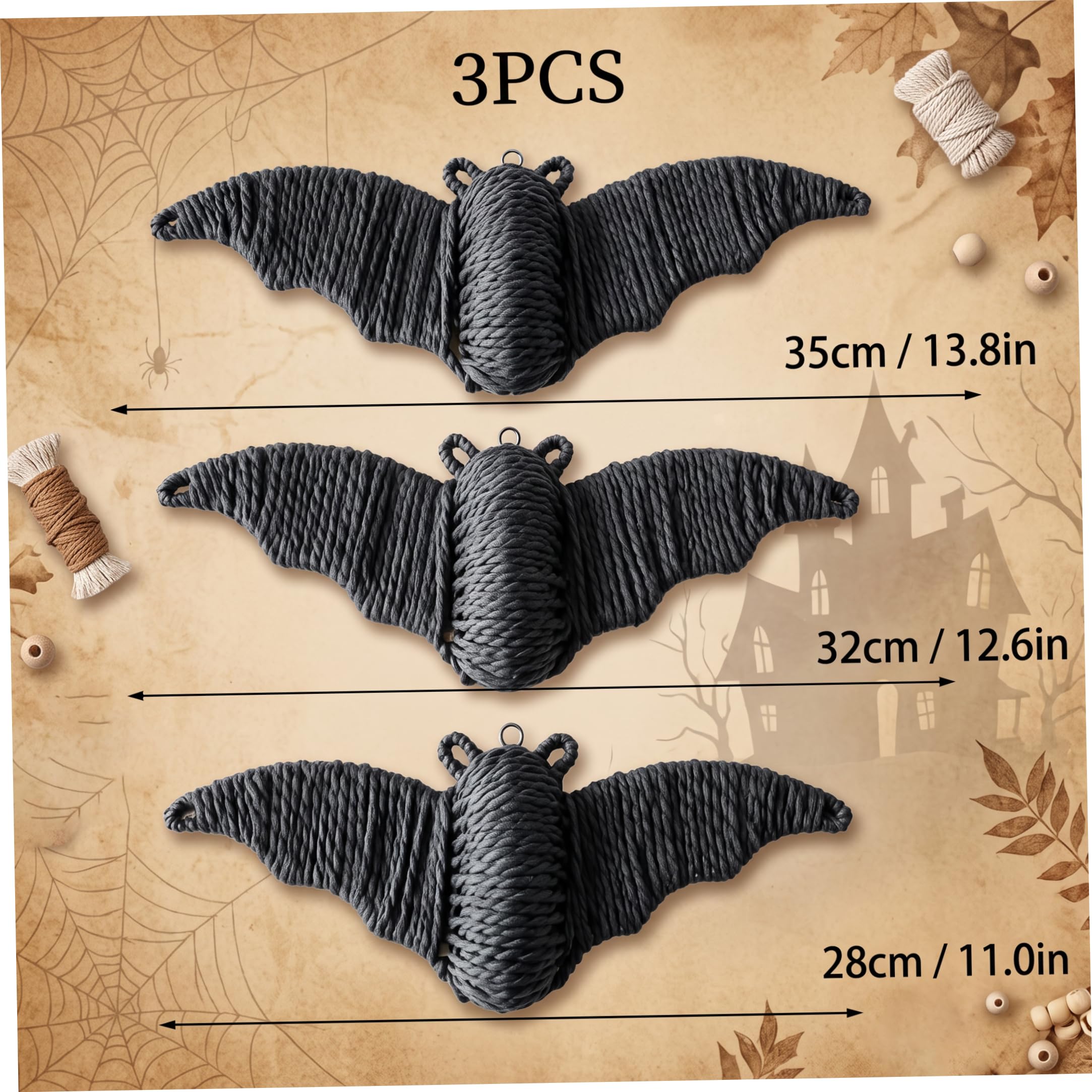 Ginwrek Decorazione da parete con pipistrelli, confezione da 3 decorazioni per interni di Halloween in vimini, nera