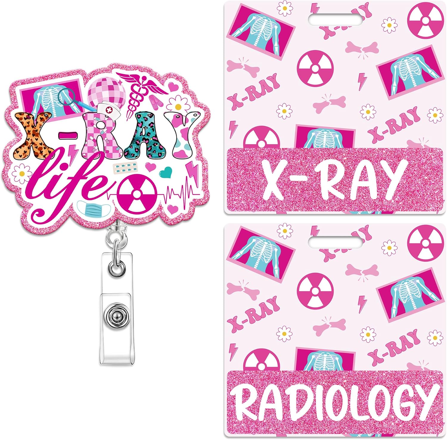 Xray Badge Buddy, Pink Radiology Badge Buddy Retractable, Glitter Xray Tech Badge Reel with Swivel Clip for Radiologic Technologist Radiology Tech Student Essentials