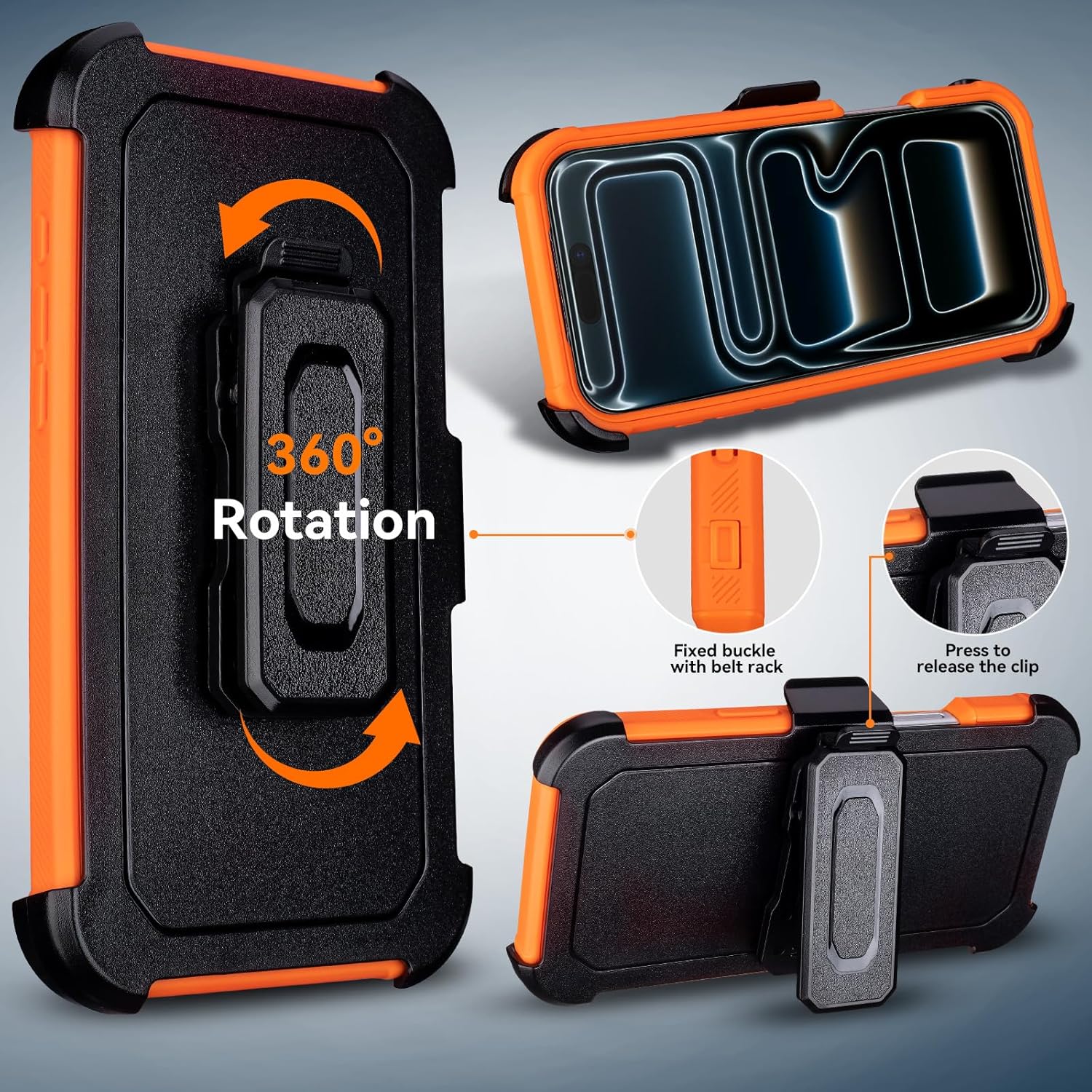 for iPhone 17 Pro Case with Belt Clip, Compatible with Magsafe, Anti-Drop, Anti-Fingerprint, 3 in 1 Heavy Duty Shockproof Protective for Orange iPhone 17 Pro Case Rugged with Kickstand