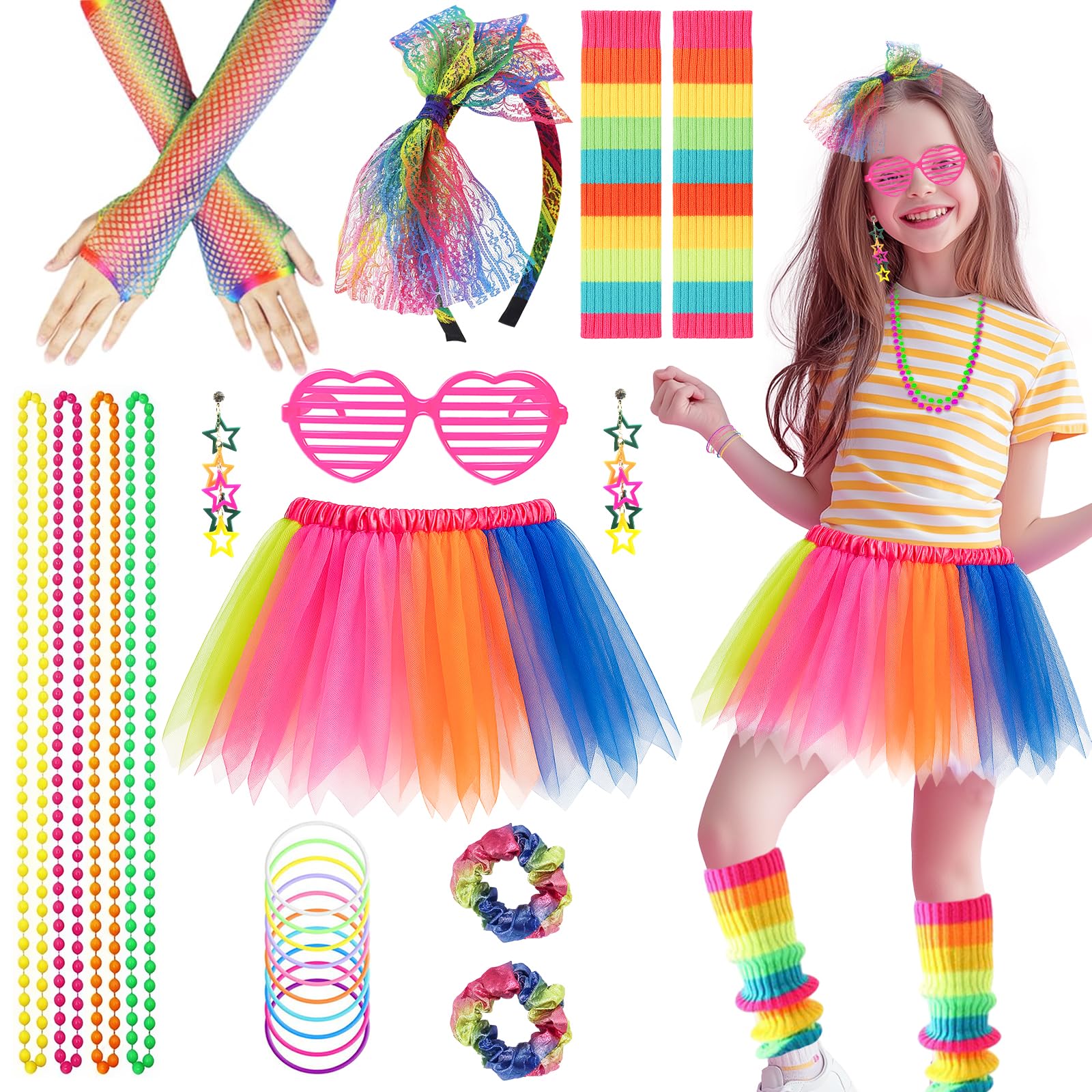 80s Costume Accessories Set for Girls, 1980s Fancy Dress Neon Party Outfit with Tutu Skirt Fishnet Gloves Leg Warmers Earrings Bracelets Necklaces Glasses for 80s 90s Disco Party Cosplay (Rainbow)