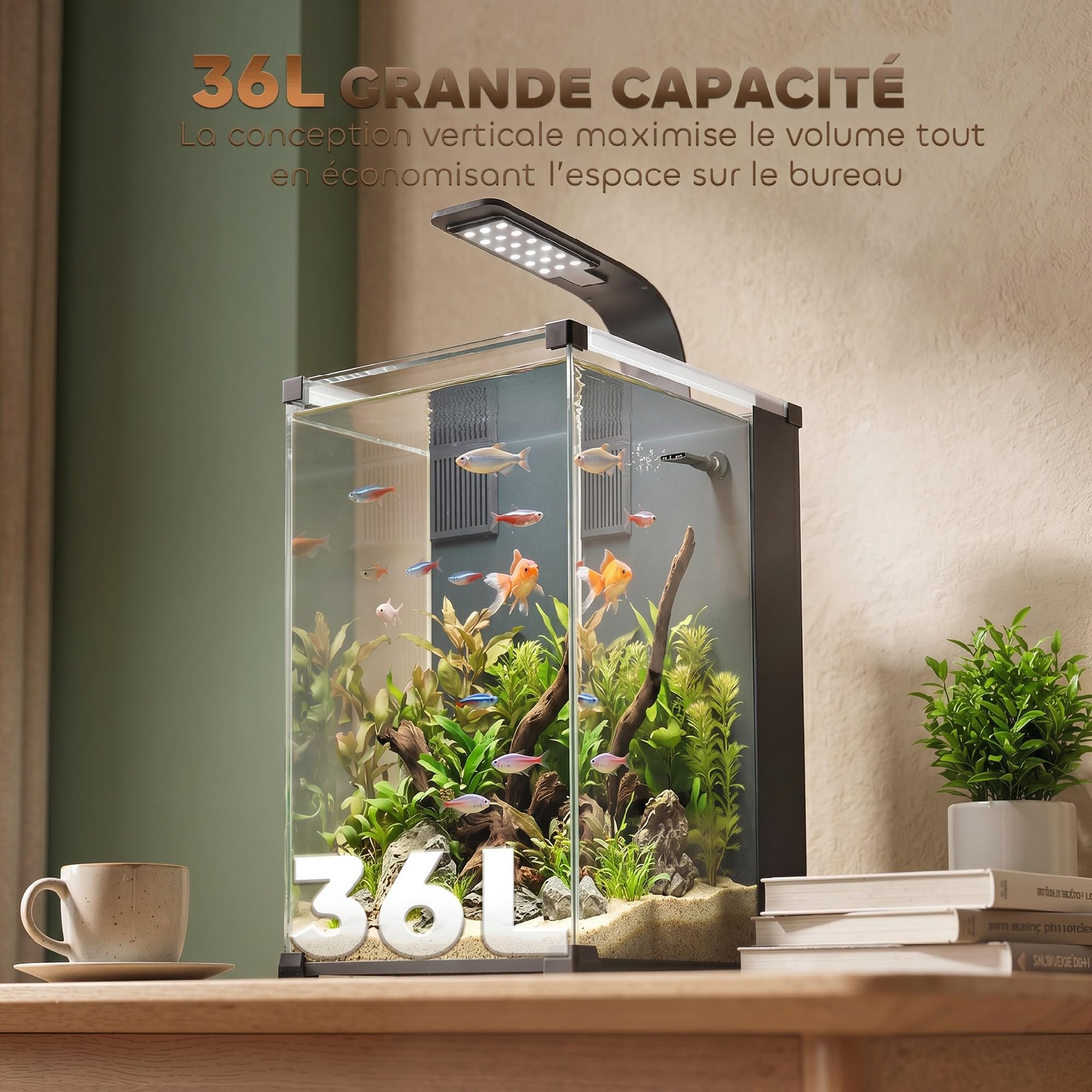PawHut Aquarium en Verre Trempé 36L Complet avec Filtre Intégré, Pompe 5W et Éclairage LED - Nano Kit Débutant pour Plantes et Poissons 30x30x45cm, Noir