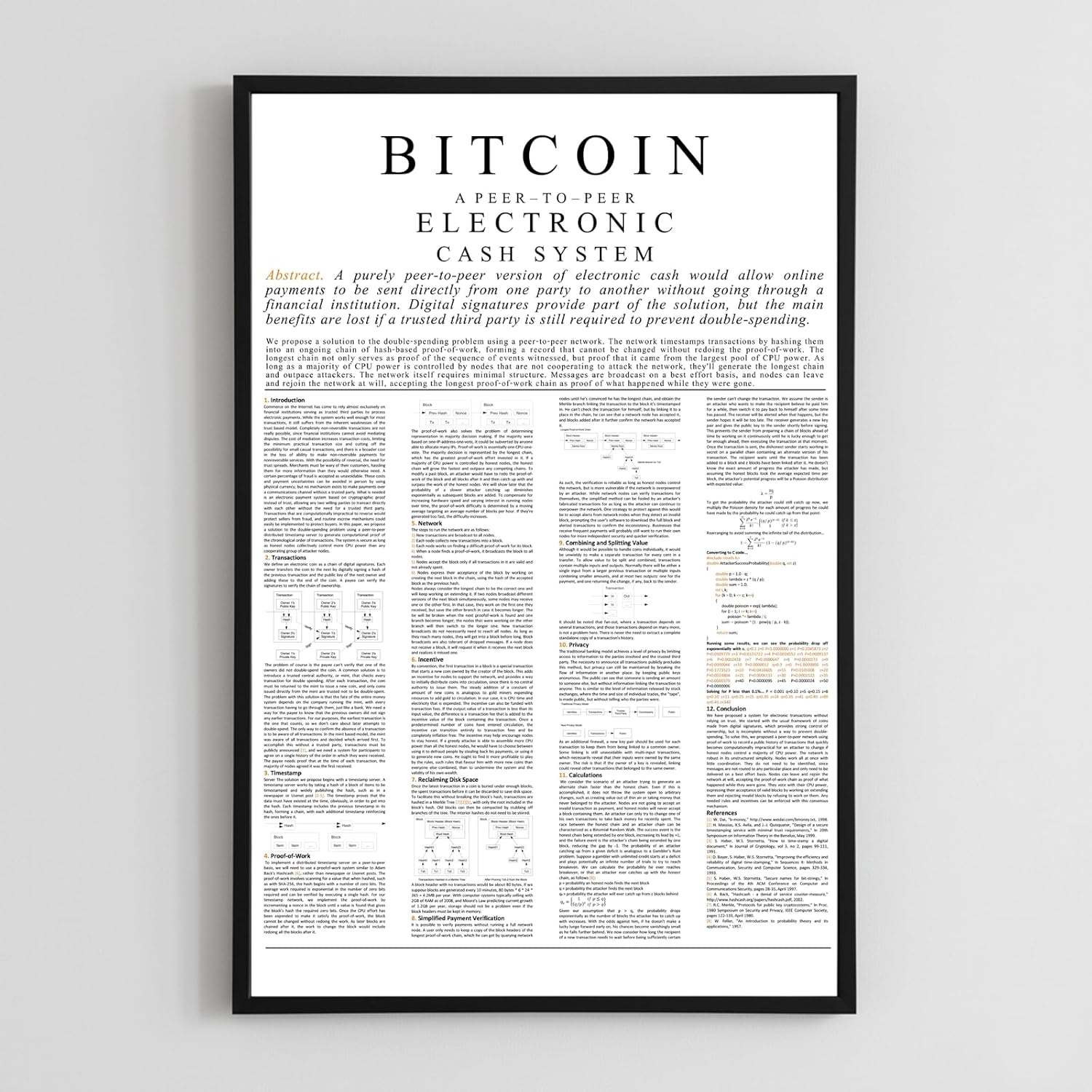 HumblePleb Bitcoin Whitepaper Crystal Porcelain Wall Art with Aluminum Frame, 12 x 18 Inch, Waterproof High-Gloss Crypto Decor (White)